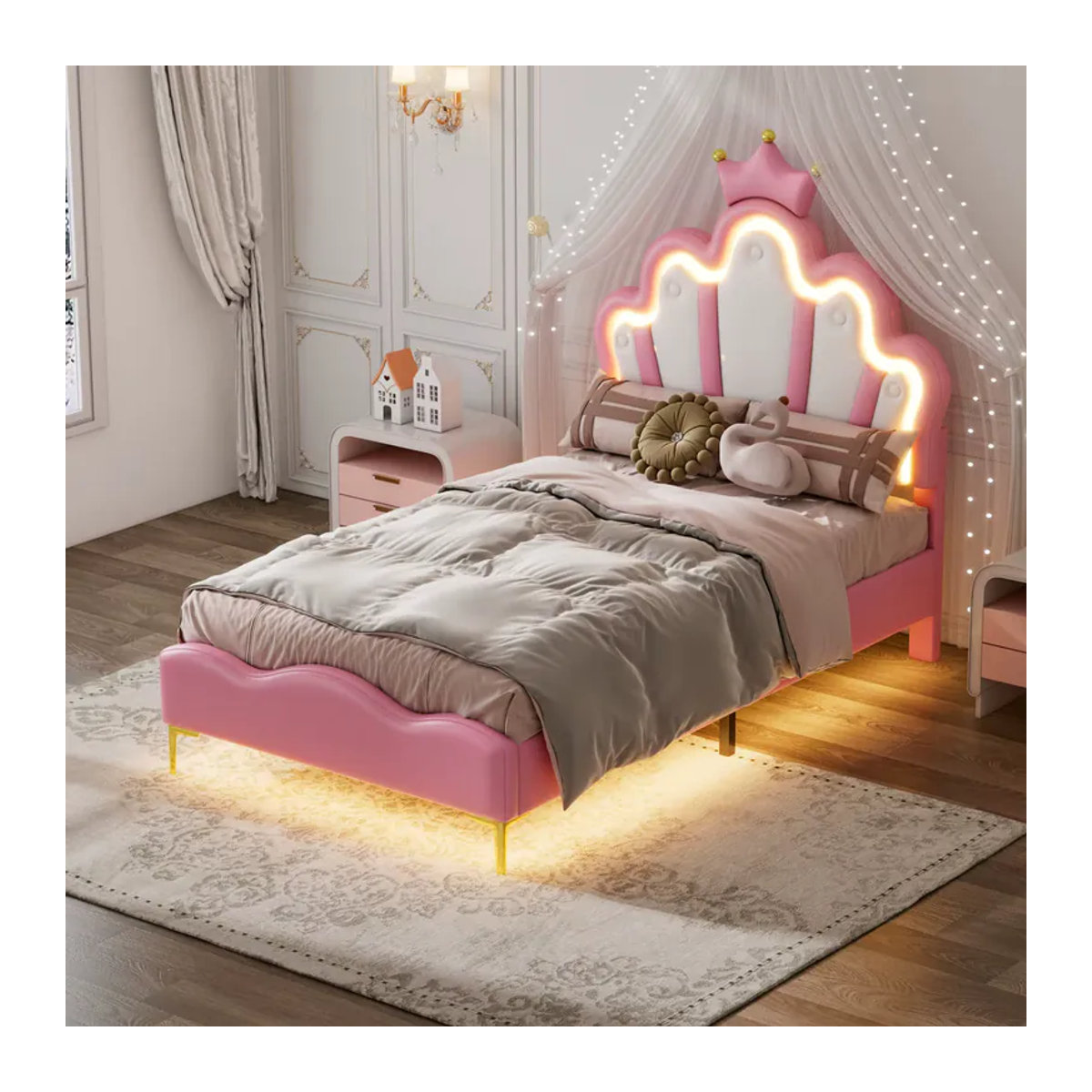 Superaly Kinderbett Prinzessinnenbett aus Kunstleder in Rosa mit LED-Streifen, Polsterbett für Einzel- oder Doppelbett, B/T/H: 90 x 140 x 200 cm oder 140 x 200 cm - Bild 4