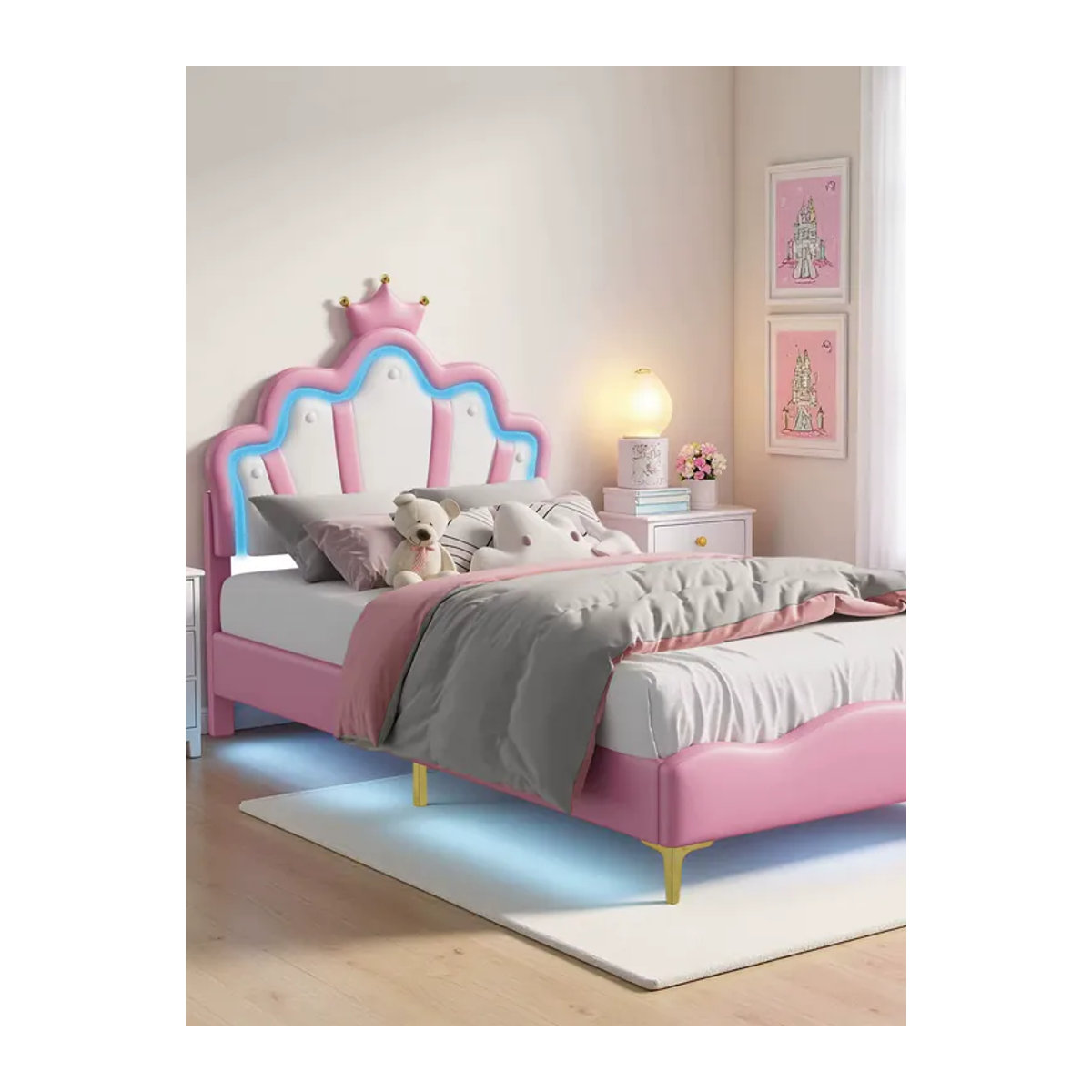 Superaly Kinderbett Prinzessinnenbett aus Kunstleder in Rosa mit LED-Streifen, Polsterbett für Einzel- oder Doppelbett, B/T/H: 90 x 140 x 200 cm oder 140 x 200 cm - Bild 5