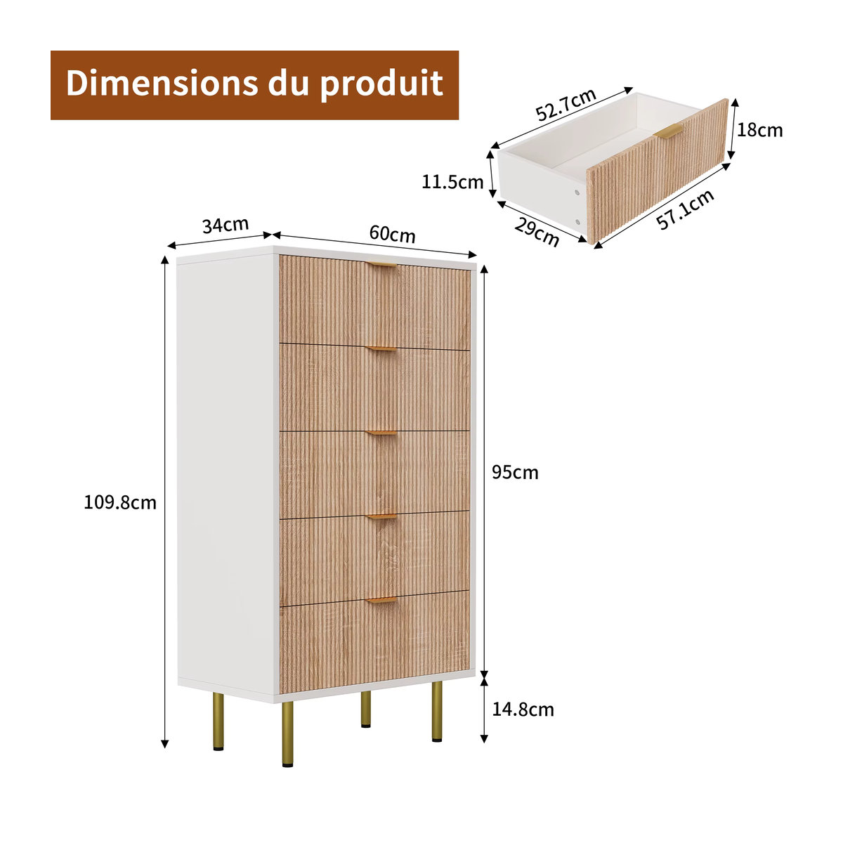 Superaly Kommode mit 5 Schubladen als modernes Sideboard und Aufbewahrungsschrank in Holzoptik oder Weiß, B/T/H: 60 x 34 x 109,8 cm - Bild 2
