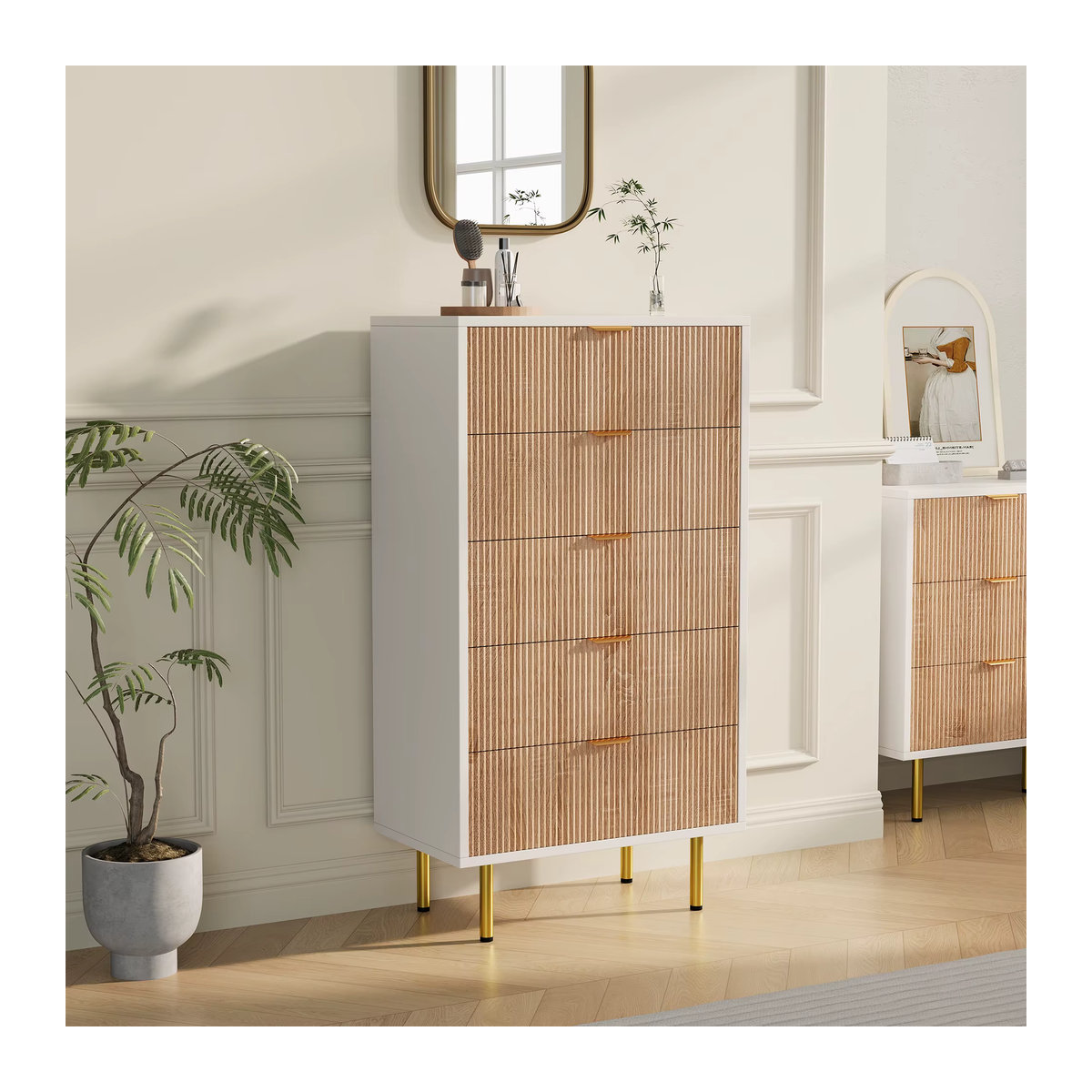 Superaly Kommode mit 5 Schubladen als modernes Sideboard und Aufbewahrungsschrank in Holzoptik oder Weiß, B/T/H: 60 x 34 x 109,8 cm - Bild 3