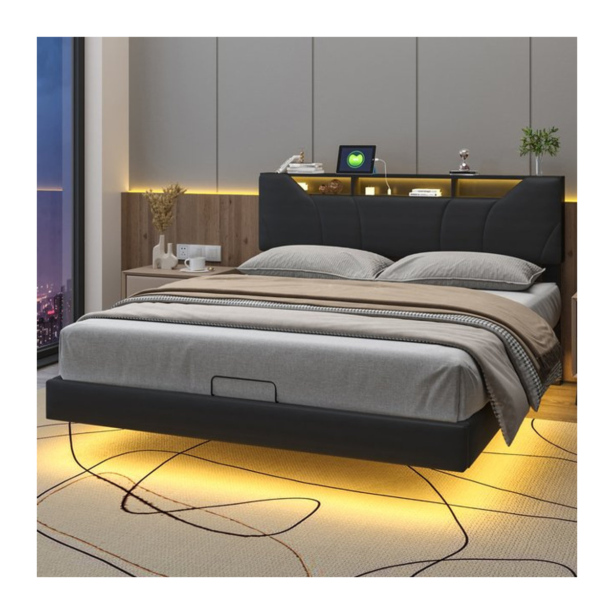 Superaly LED-Polsterbett mit Stauraum und Lattenrost in Schwarz, B/T/H: 140 x 200 cm - Bild 1