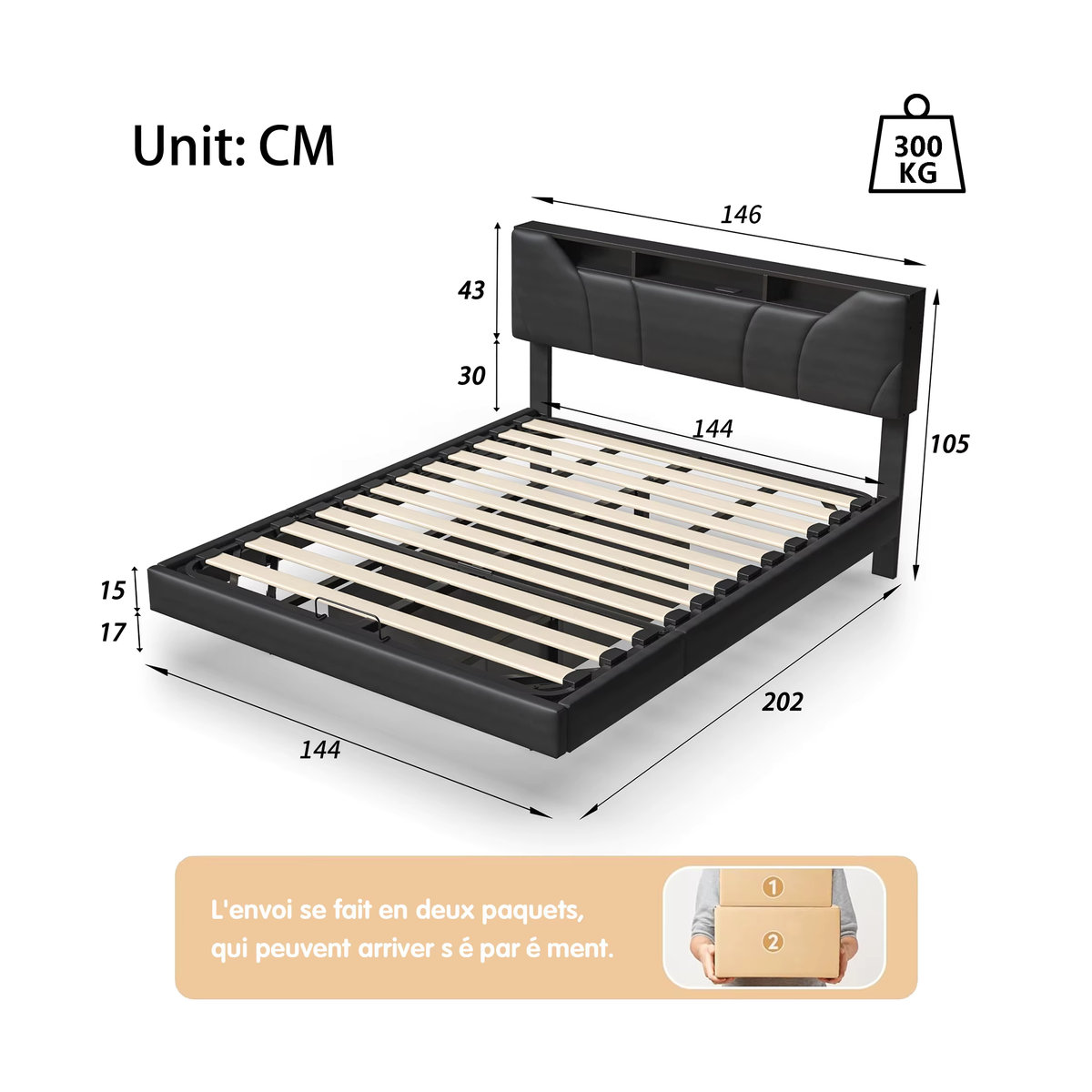 Superaly LED-Polsterbett mit Stauraum und Lattenrost in Schwarz, B/T/H: 140 x 200 cm - Bild 2