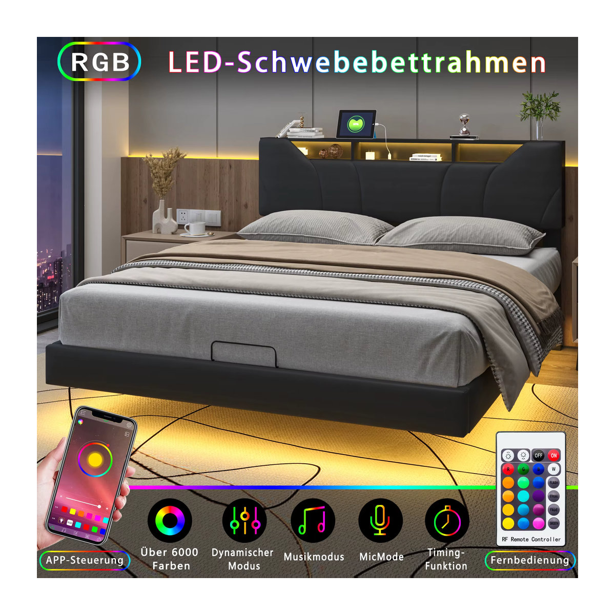 Superaly LED-Polsterbett mit Stauraum und Lattenrost in Schwarz, B/T/H: 140 x 200 cm - Bild 3