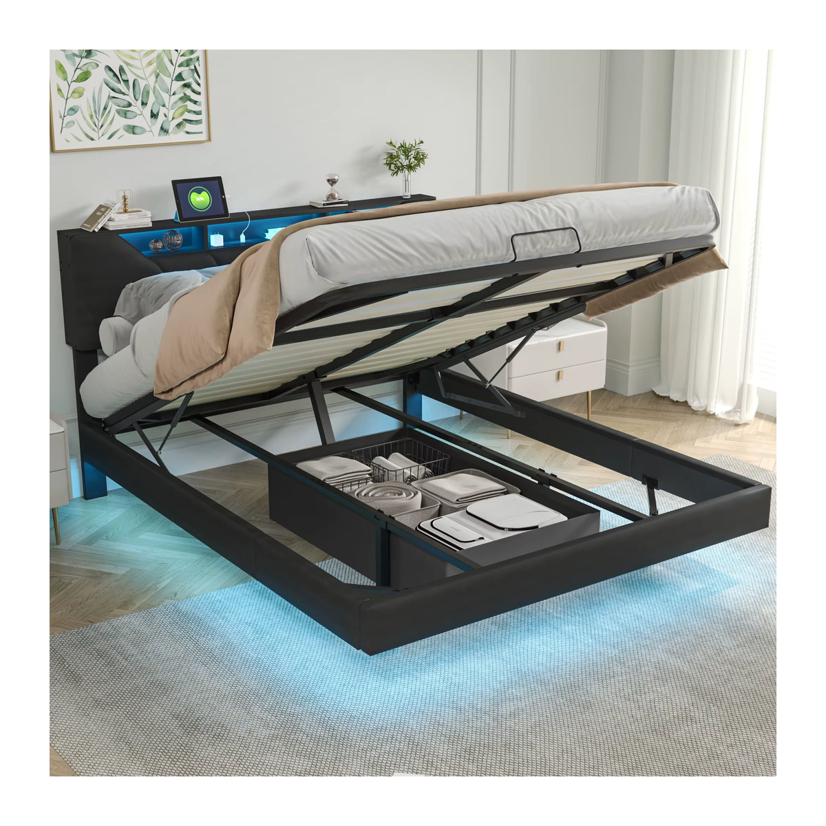Superaly LED-Polsterbett mit Stauraum und Lattenrost in Schwarz, B/T/H: 140 x 200 cm - Bild 4