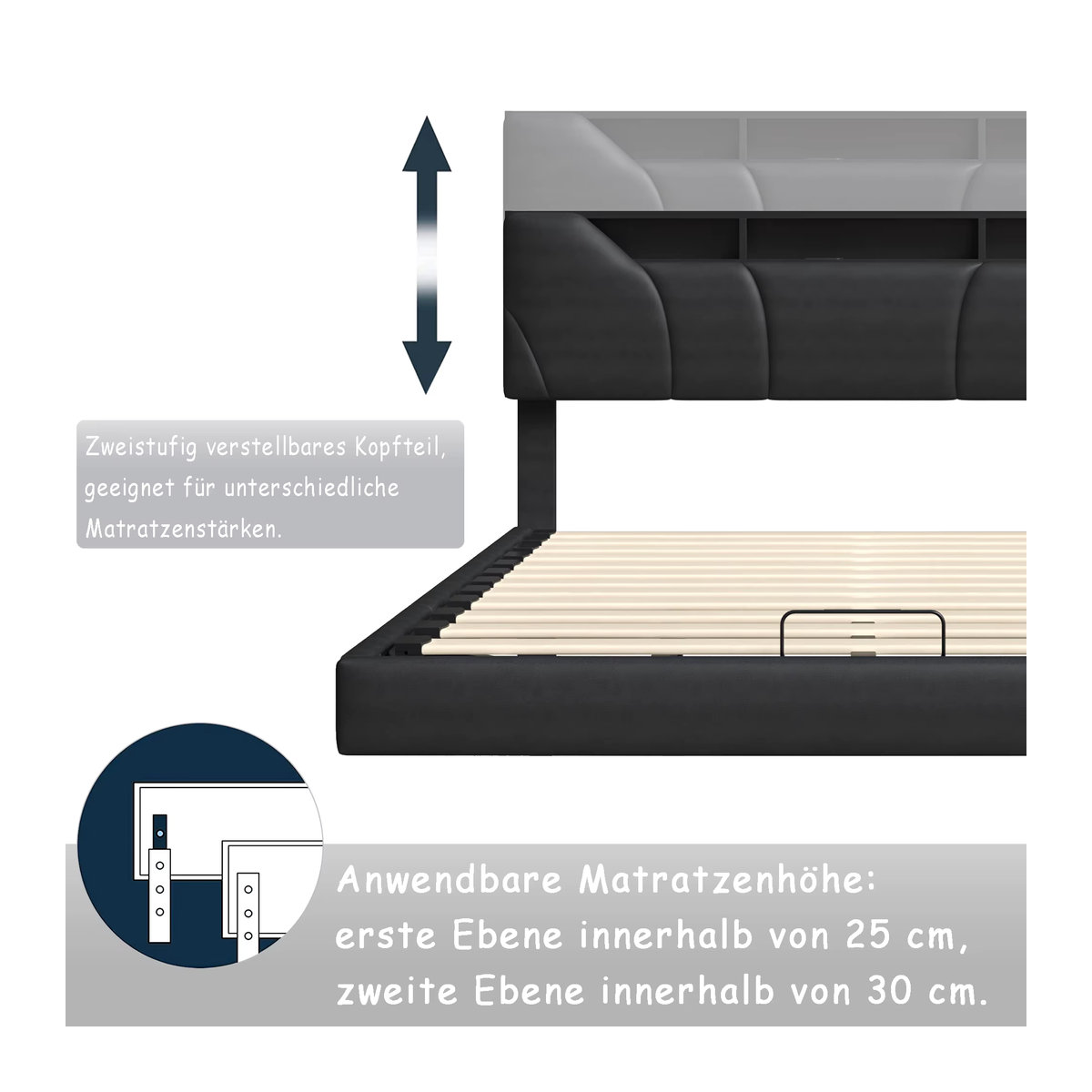 Superaly LED-Polsterbett mit Stauraum und Lattenrost in Schwarz, B/T/H: 140 x 200 cm - Bild 5