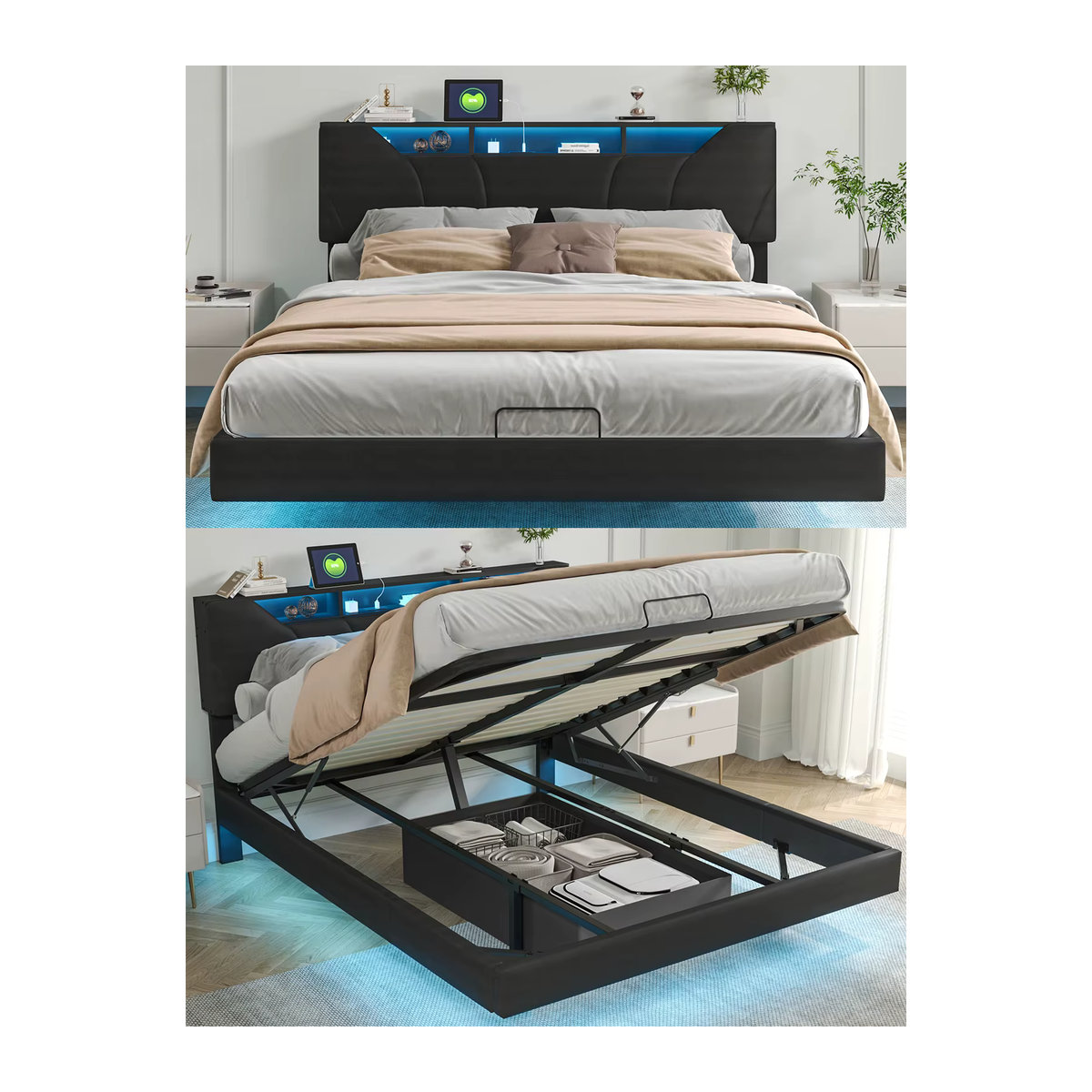 Superaly LED-Polsterbett mit Stauraum und Lattenrost in Schwarz, B/T/H: 140 x 200 cm - Bild 6
