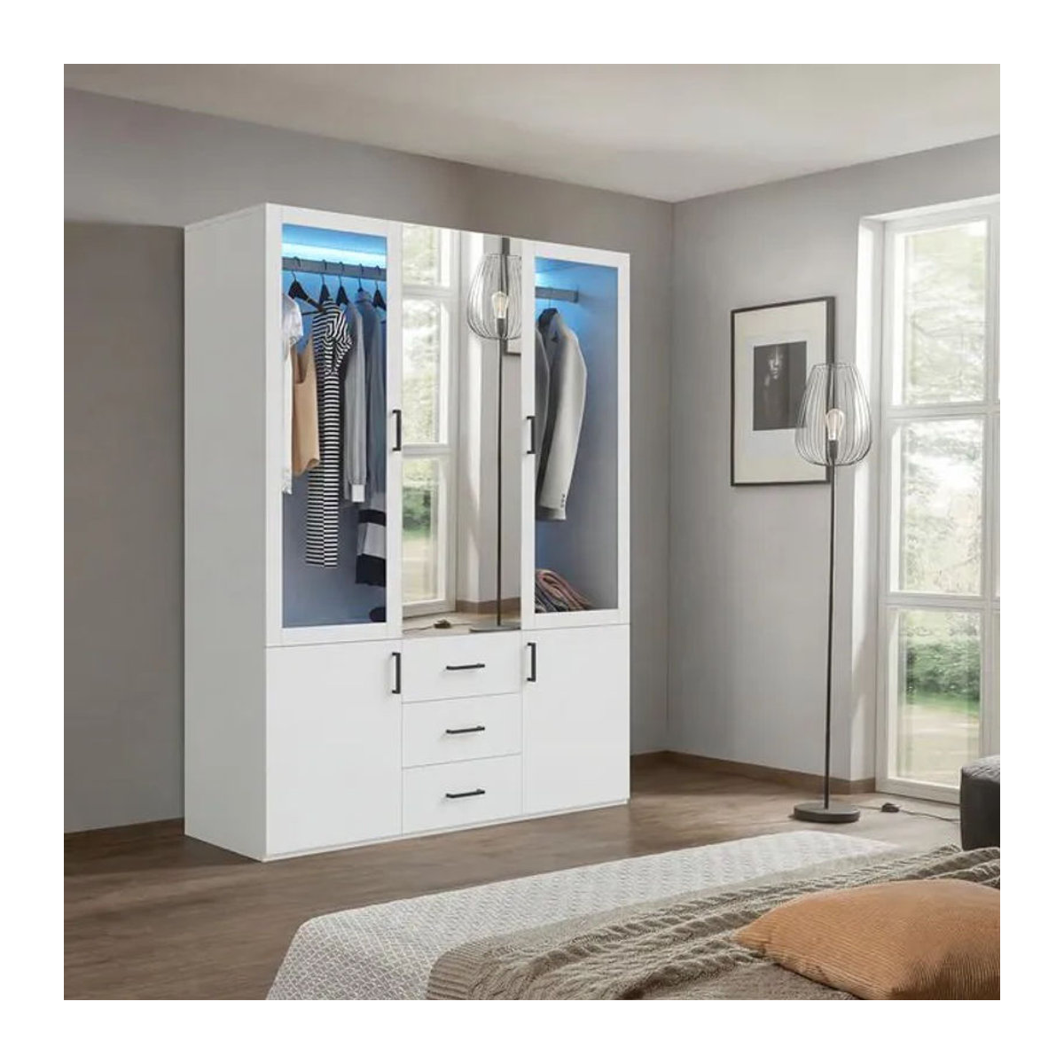 Superaly Mehrzweckschrank in Weiß mit Spiegel, Schubladen und Drehtüren, Breite: 130 cm - Bild 1