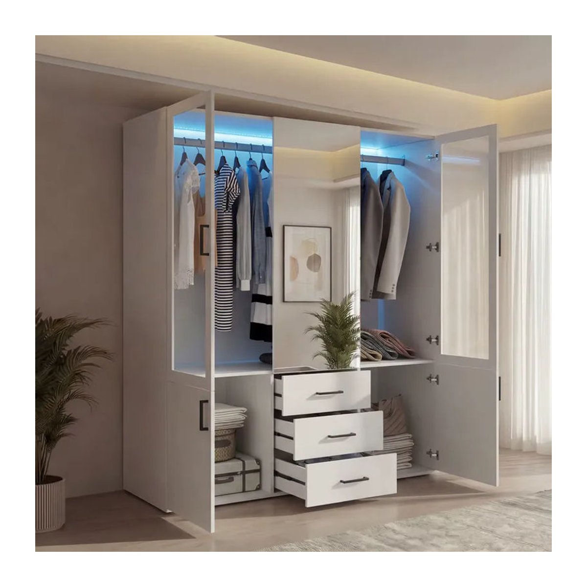 Superaly Mehrzweckschrank in Weiß mit Spiegel, Schubladen und Drehtüren, Breite: 130 cm - Bild 2
