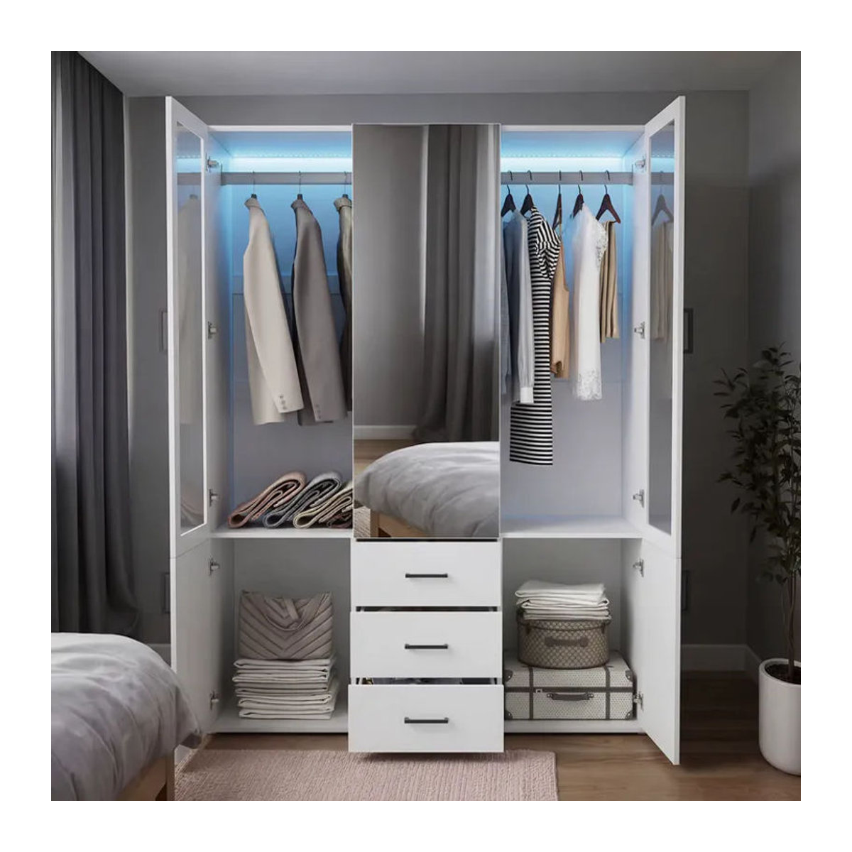 Superaly Mehrzweckschrank in Weiß mit Spiegel, Schubladen und Drehtüren, Breite: 130 cm - Bild 3