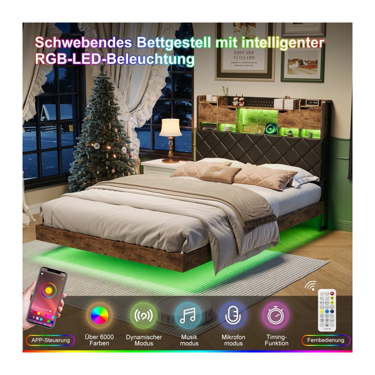 Superaly Polsterbett aus Kunstleder mit LED-Beleuchtung und Stauraum, B/T: 140 x 200 cm, Farbe: Grau, Design: Modern Nussbaum - Bild 1