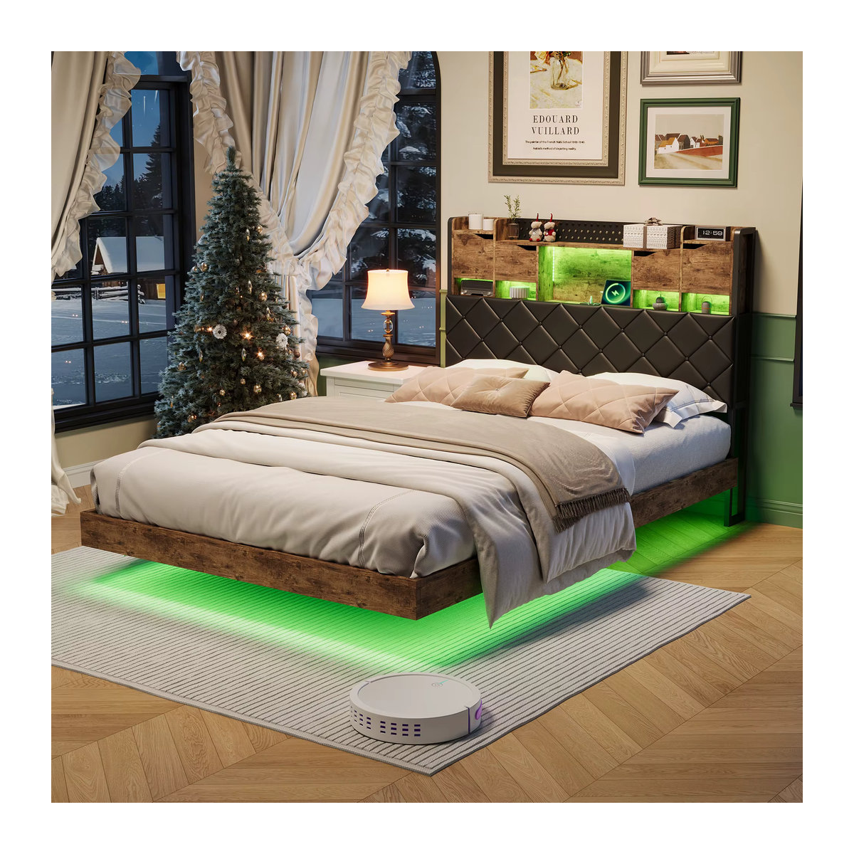 Superaly Polsterbett aus Kunstleder mit LED-Beleuchtung und Stauraum, B/T: 140 x 200 cm, Farbe: Grau, Design: Modern Nussbaum - Bild 2