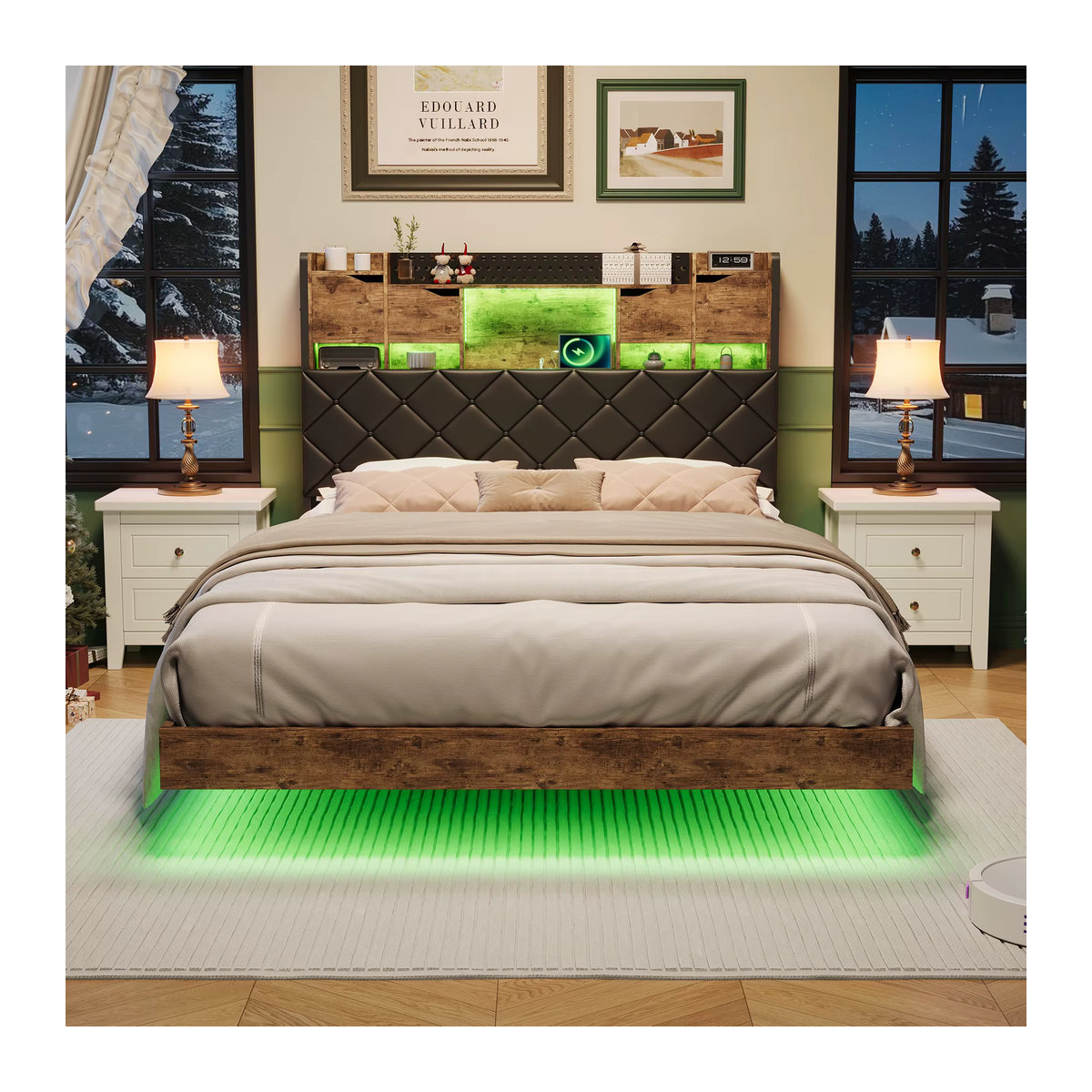 Superaly Polsterbett aus Kunstleder mit LED-Beleuchtung und Stauraum, B/T: 140 x 200 cm, Farbe: Grau, Design: Modern Nussbaum - Bild 3