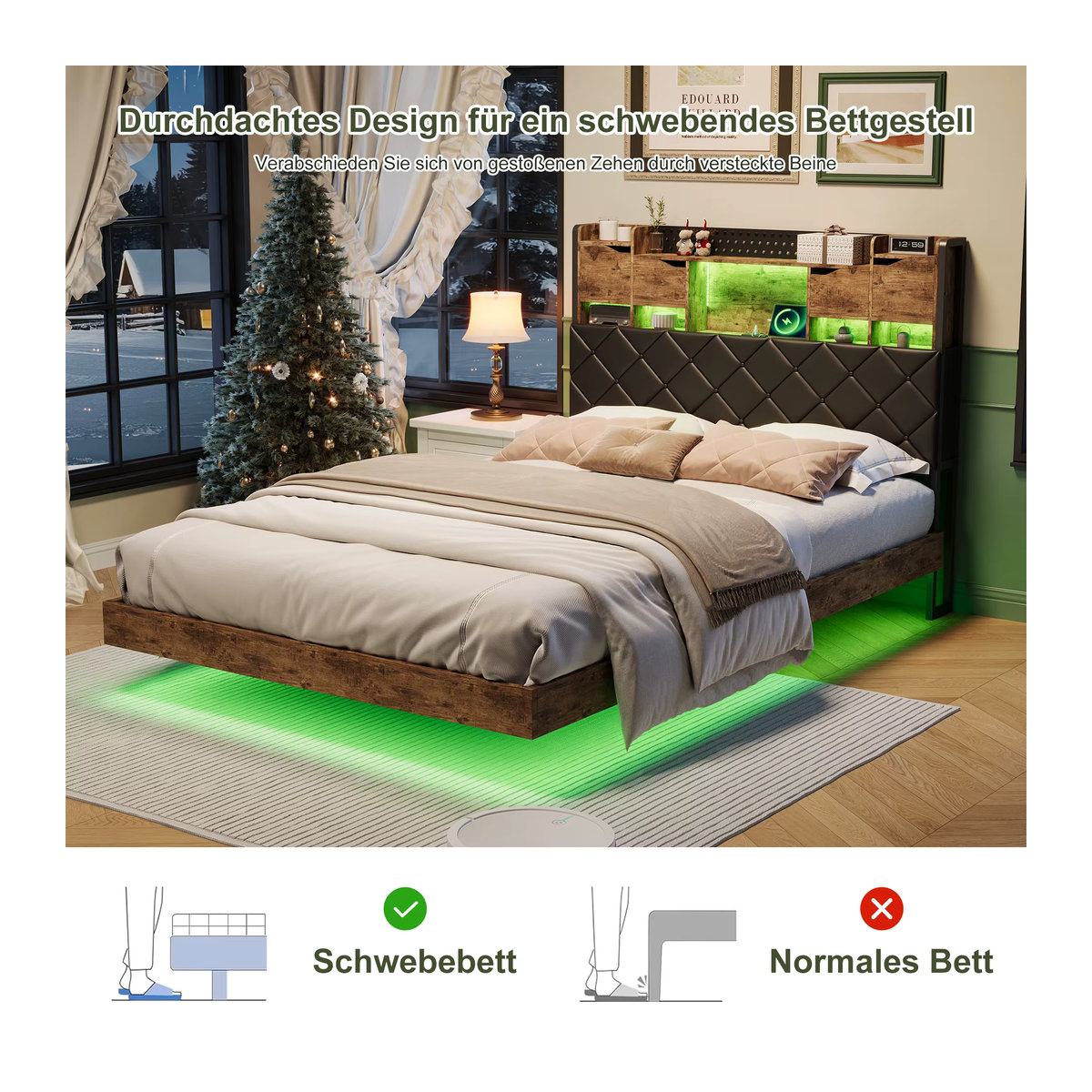 Superaly Polsterbett aus Kunstleder mit LED-Beleuchtung und Stauraum, B/T: 140 x 200 cm, Farbe: Grau, Design: Modern Nussbaum - Bild 4