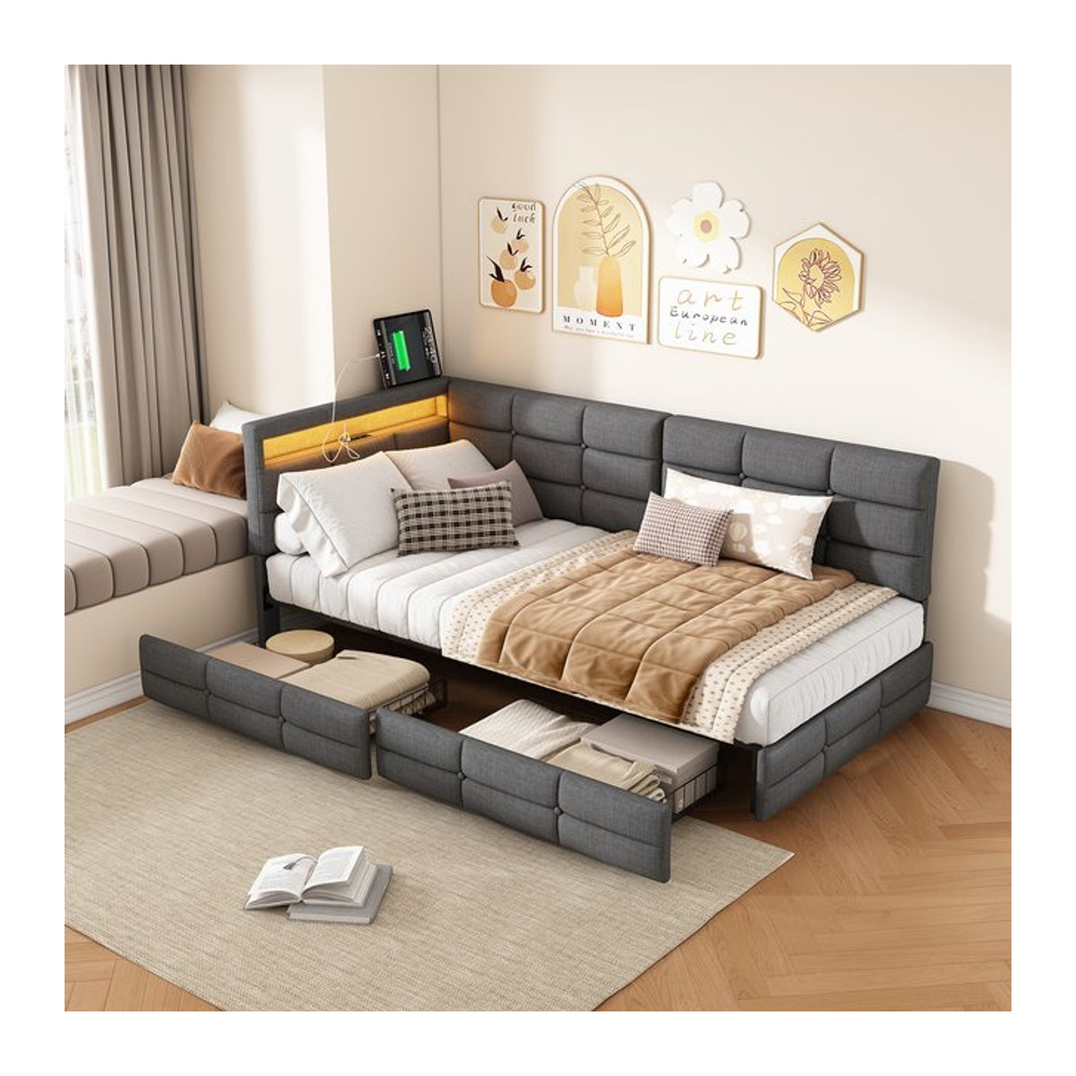 Superaly Polsterbett in Grau aus Leinen mit 2 Aufbewahrungsschubladen, USB und LED-Beleuchtung, B/T: 90 x 200 cm - Bild 1