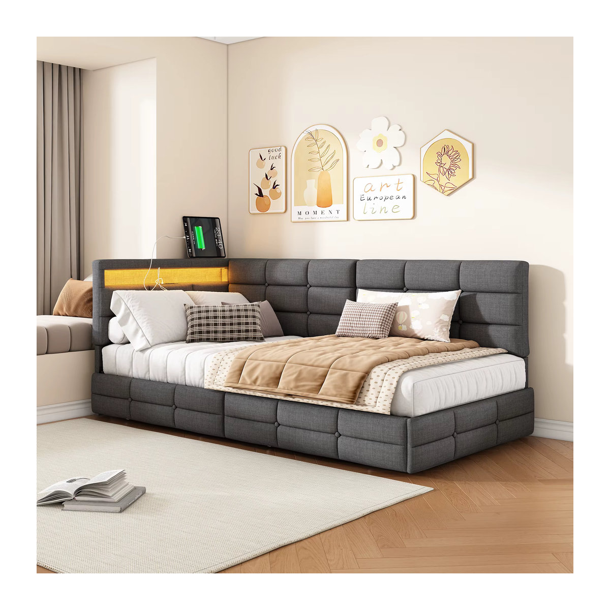 Superaly Polsterbett in Grau aus Leinen mit 2 Aufbewahrungsschubladen, USB und LED-Beleuchtung, B/T: 90 x 200 cm - Bild 2
