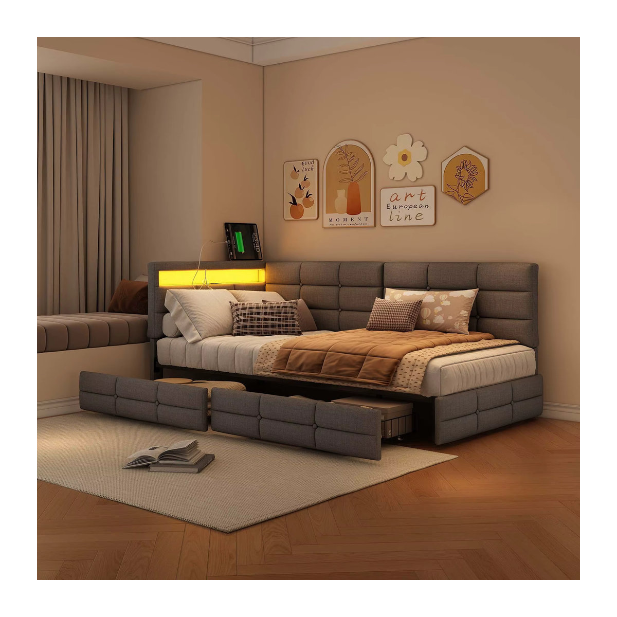 Superaly Polsterbett in Grau aus Leinen mit 2 Aufbewahrungsschubladen, USB und LED-Beleuchtung, B/T: 90 x 200 cm - Bild 3
