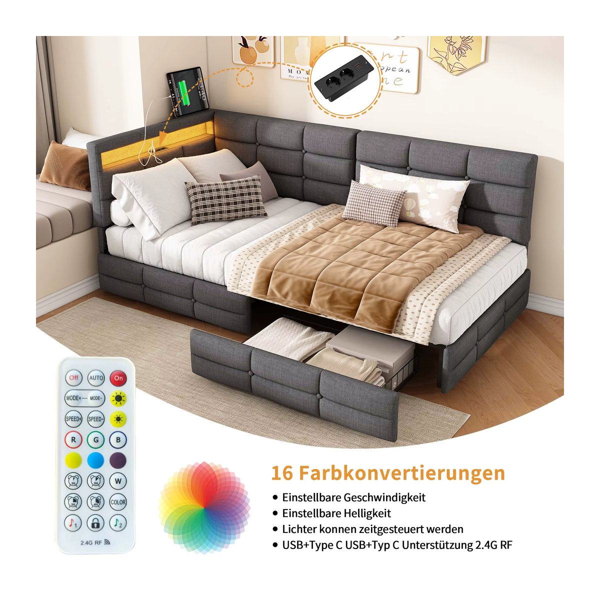Superaly Polsterbett in Grau aus Leinen mit 2 Aufbewahrungsschubladen, USB und LED-Beleuchtung, B/T: 90 x 200 cm - Bild 4