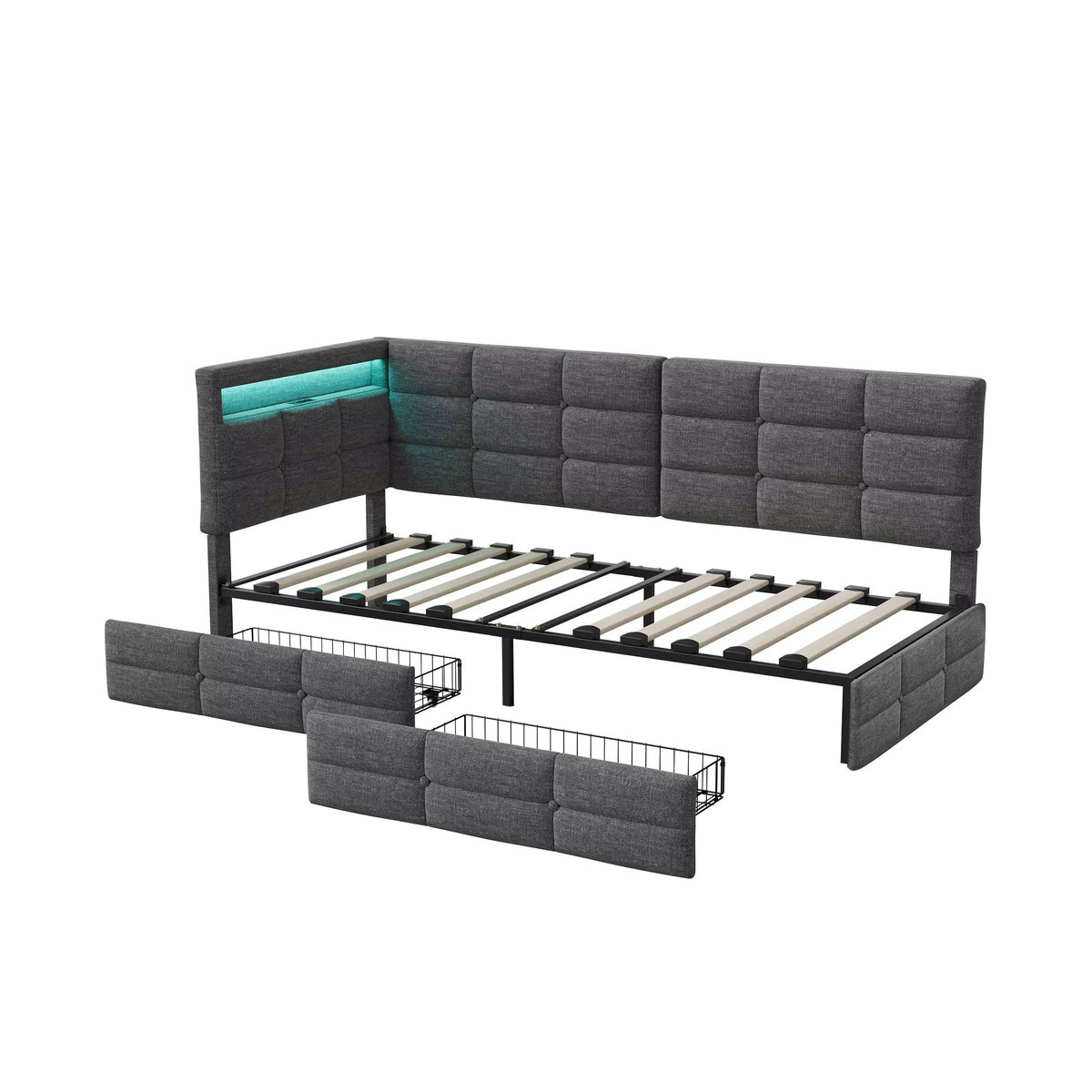 Superaly Polsterbett in Grau aus Leinen mit 2 Aufbewahrungsschubladen, USB und LED-Beleuchtung, B/T: 90 x 200 cm - Bild 5