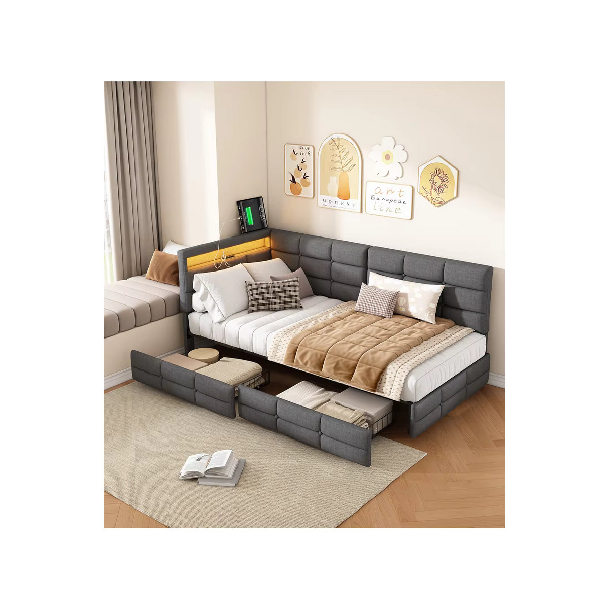 Superaly Polsterbett in Grau aus Leinen mit 2 Aufbewahrungsschubladen, USB und LED-Beleuchtung, B/T: 90 x 200 cm - Bild 6