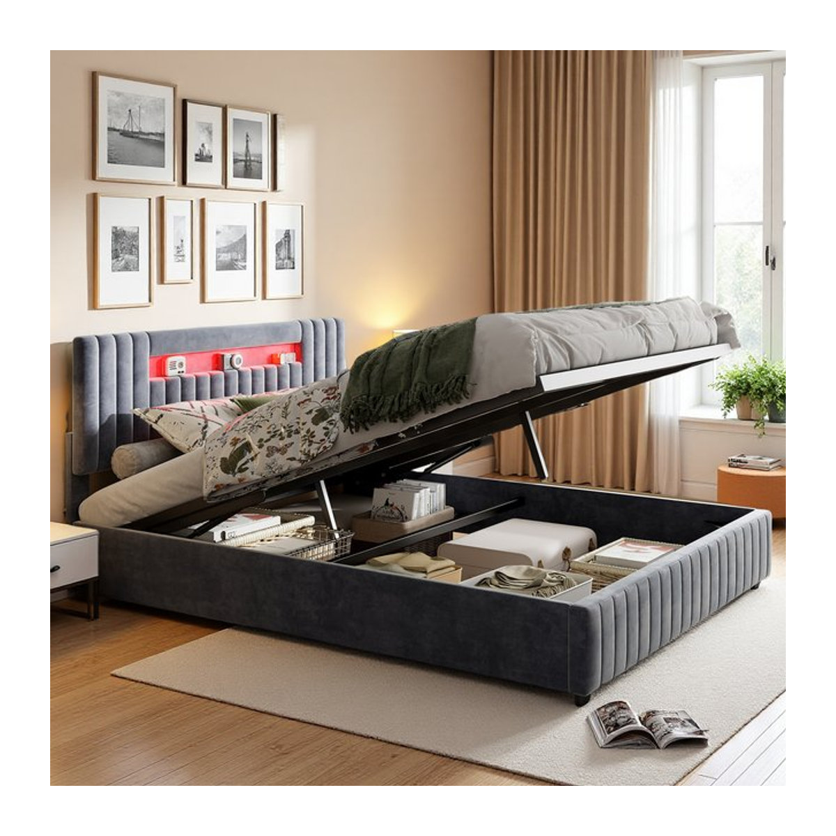 Superaly Polsterbett mit LED-Beleuchtung und hydraulischem Stauraum in Grau aus Samt, B/T: 160 x 200 cm - Bild 1