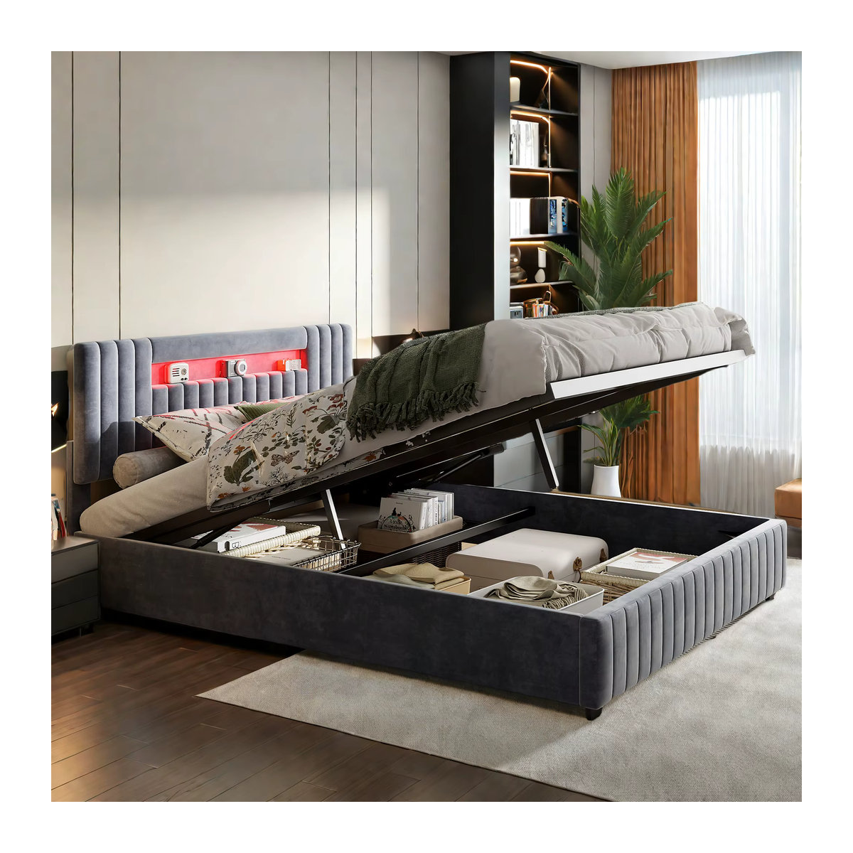 Superaly Polsterbett mit LED-Beleuchtung und hydraulischem Stauraum in Grau aus Samt, B/T: 160 x 200 cm - Bild 5