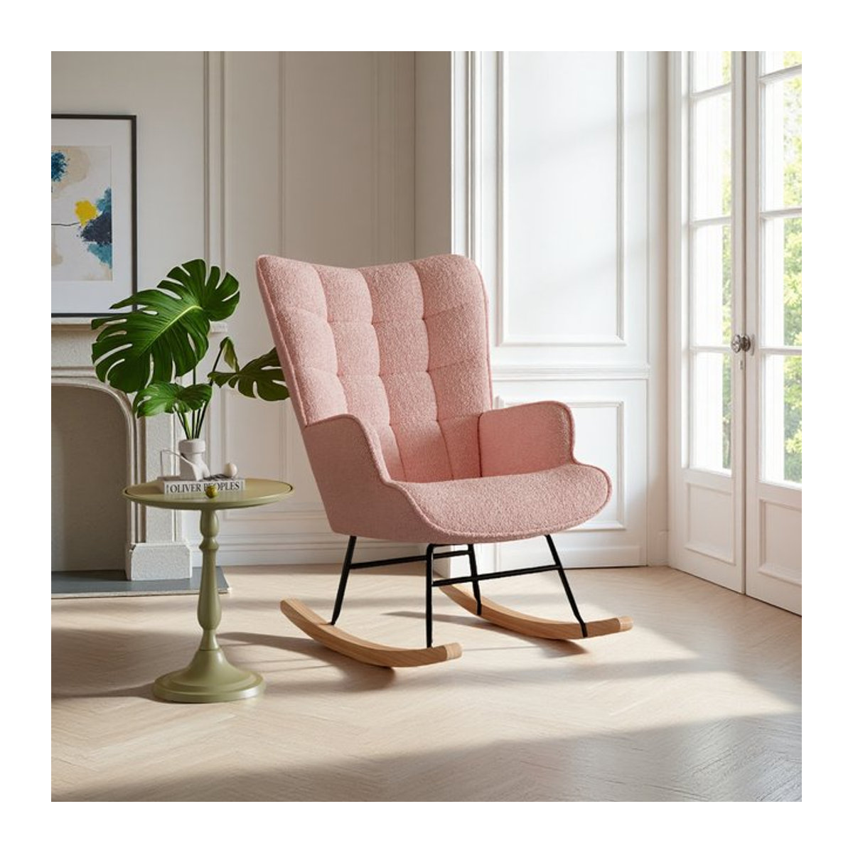 Superaly Schaukelstuhl Loungesessel mit Holzarmlehnen aus Teddy-Velours-Stoff in Rosa - Bild 1