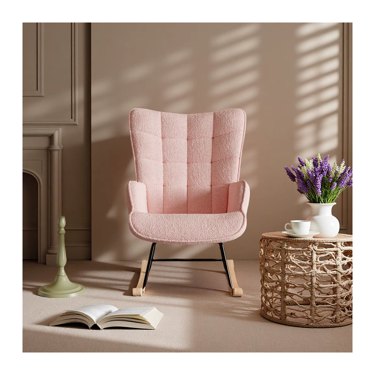 Superaly Schaukelstuhl Loungesessel mit Holzarmlehnen aus Teddy-Velours-Stoff in Rosa - Bild 2