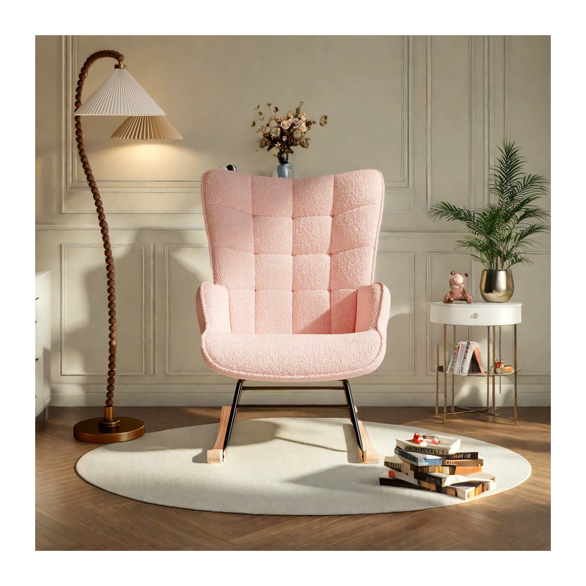 Superaly Schaukelstuhl Loungesessel mit Holzarmlehnen aus Teddy-Velours-Stoff in Rosa - Bild 3