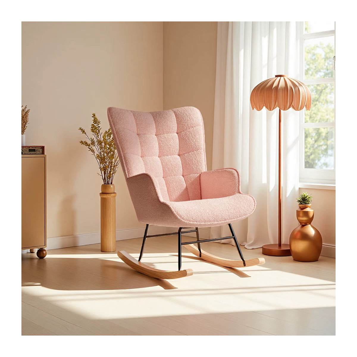 Superaly Schaukelstuhl Loungesessel mit Holzarmlehnen aus Teddy-Velours-Stoff in Rosa - Bild 4