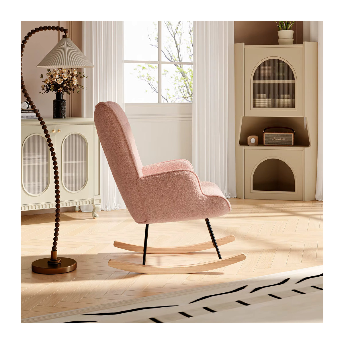 Superaly Schaukelstuhl Loungesessel mit Holzarmlehnen aus Teddy-Velours-Stoff in Rosa - Bild 5