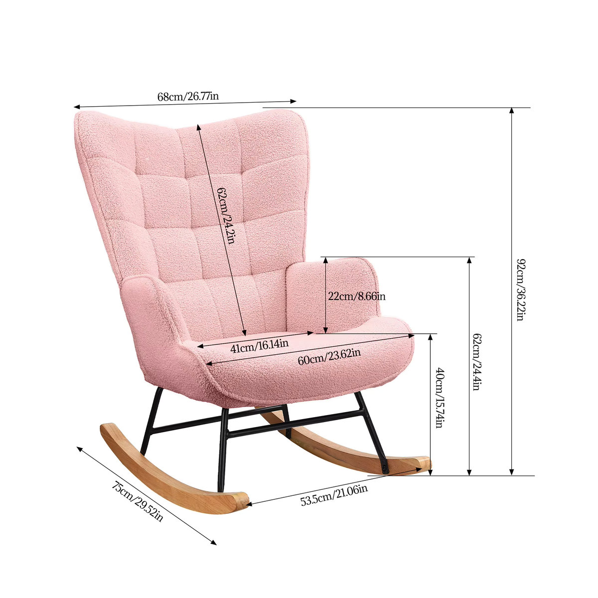 Superaly Schaukelstuhl Loungesessel mit Holzarmlehnen aus Teddy-Velours-Stoff in Rosa - Bild 6