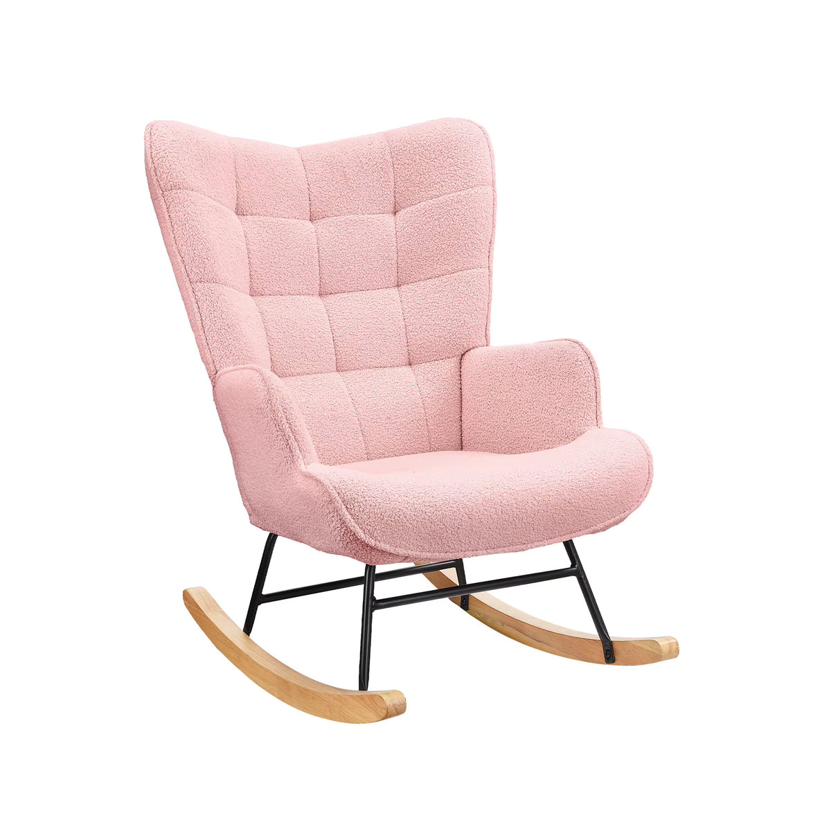 Superaly Schaukelstuhl Loungesessel mit Holzarmlehnen aus Teddy-Velours-Stoff in Rosa - Bild 7