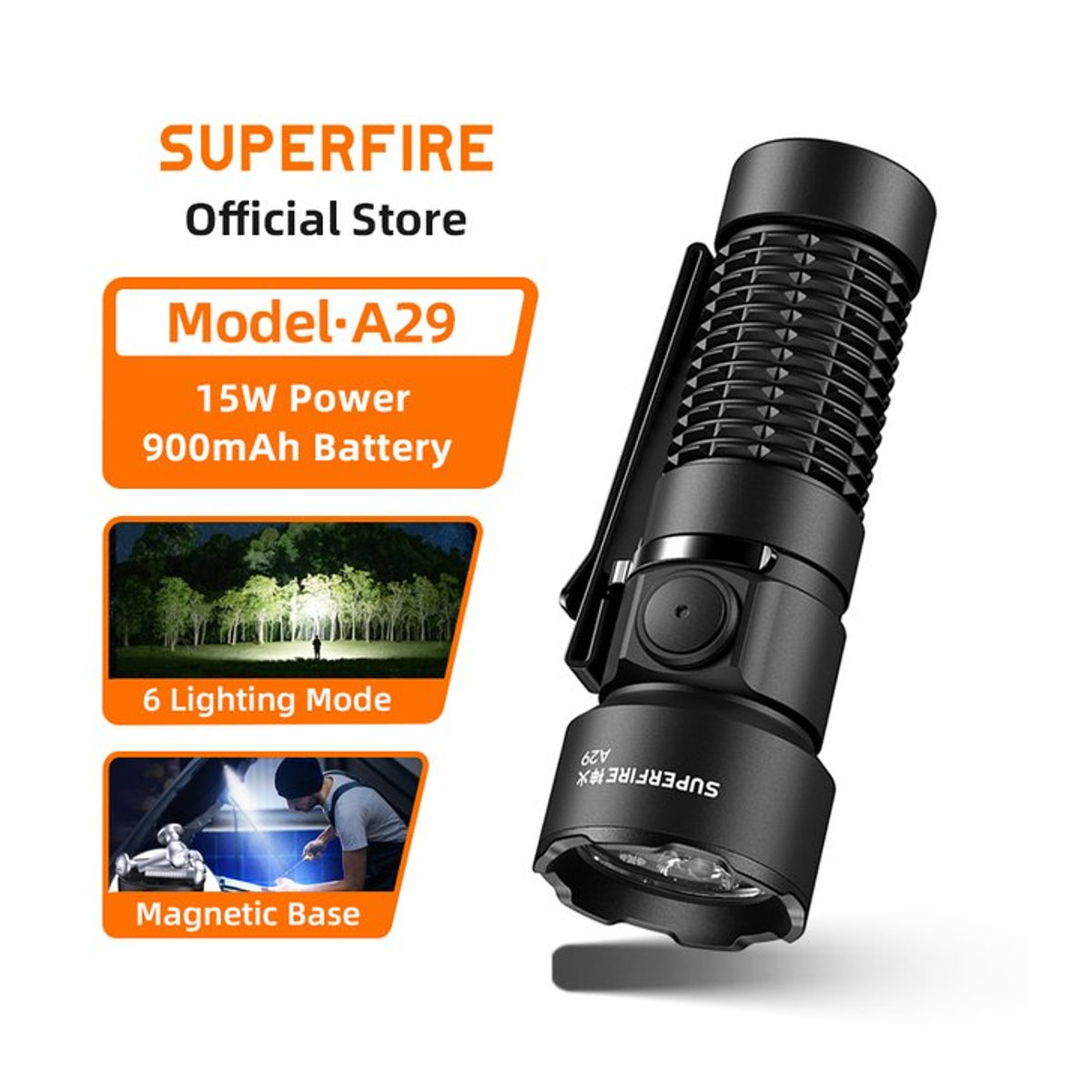 SUPERFIRE A29 EDC-Taschenlampe, wiederaufladbare taktische LED-Taschenlampe mit 15 W Leistung und Magnetfunktion für Outdoor, Camping und Angeln - Bild 1