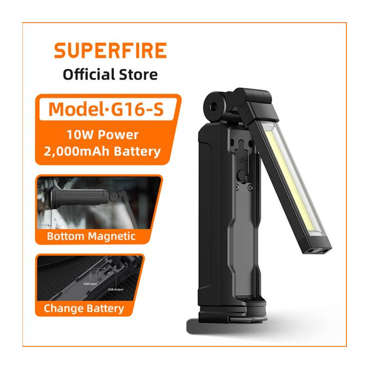 SUPERFIRE G16-S COB LED-Arbeitsleuchte, magnetische Taschenlampe und zusammenklappbare Camping-Laterne mit Haken, wiederaufladbar via USB - Bild 1