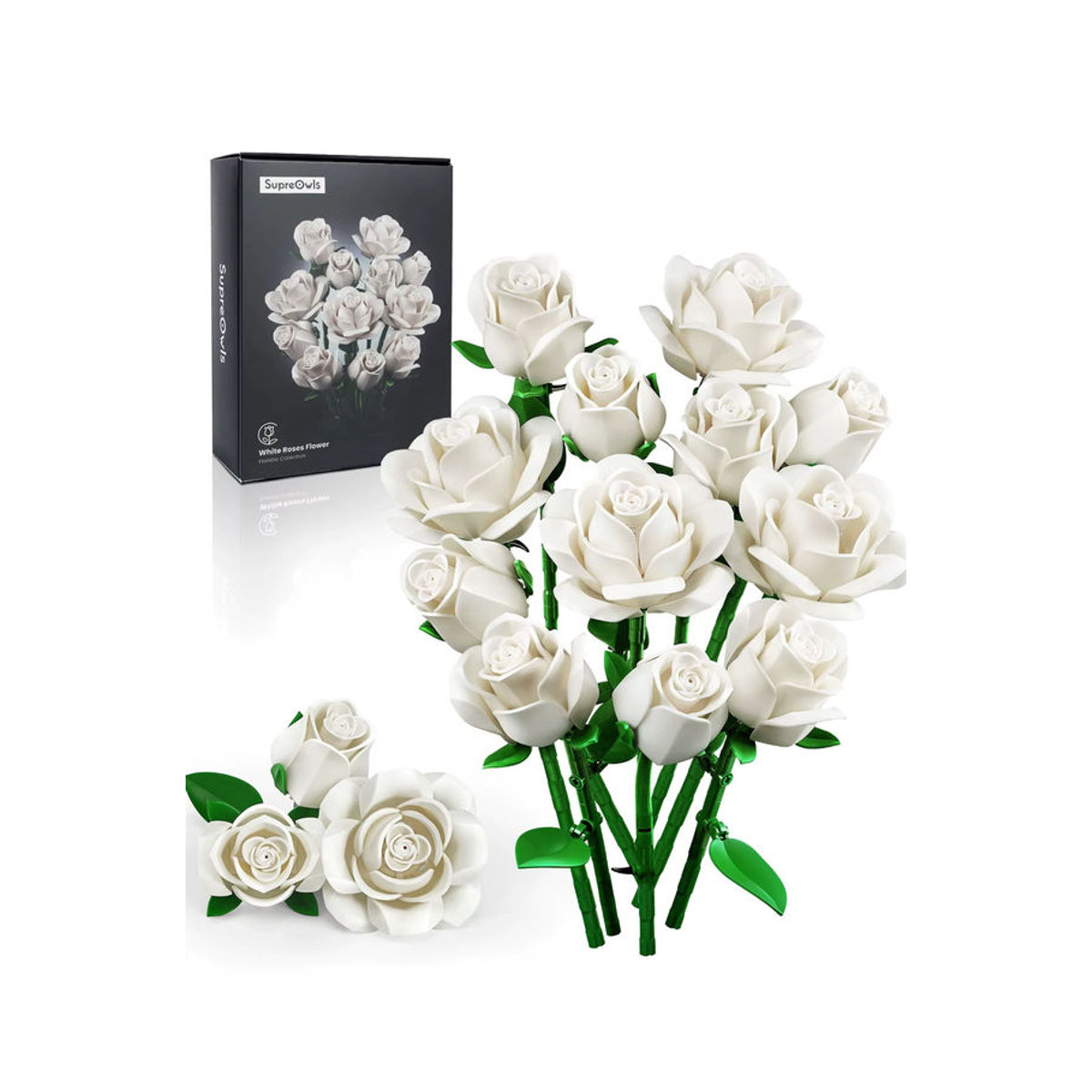 SupreOwls Rosenstrauß Bausteine Set Künstliche Blumen Dekoration aus Kunststoff in Schwarz und Weiß - Bild 3