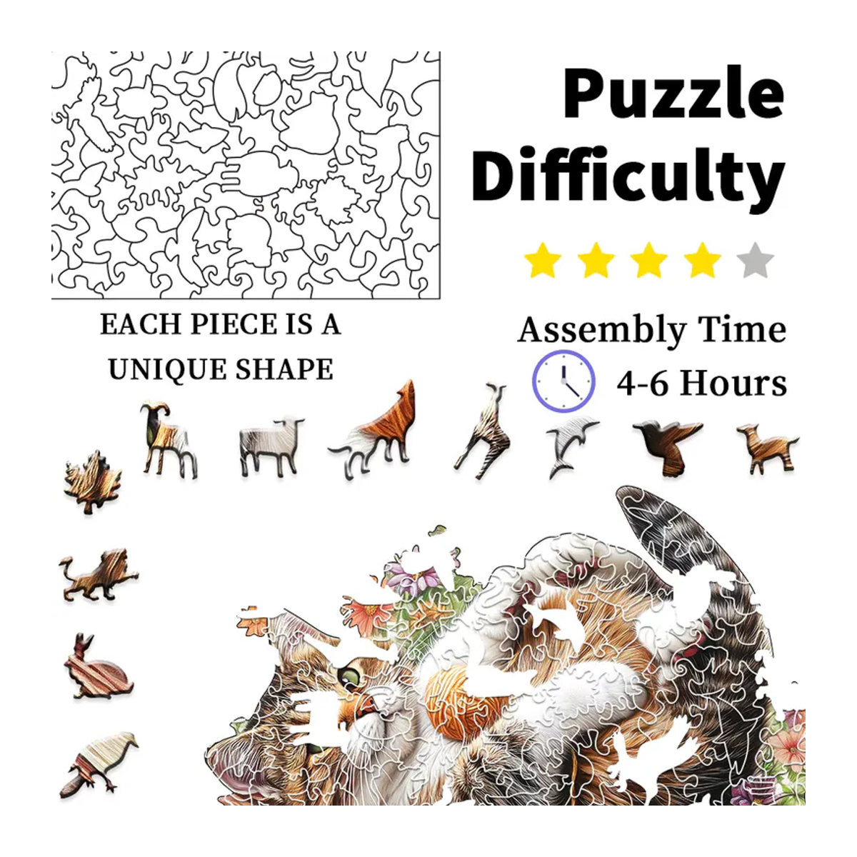 Supretty Katzenholzpuzzle aus Sperrholz in mehrfarbigem Design mit unregelmäßigen Tierformen für Erwachsene - Bild 2