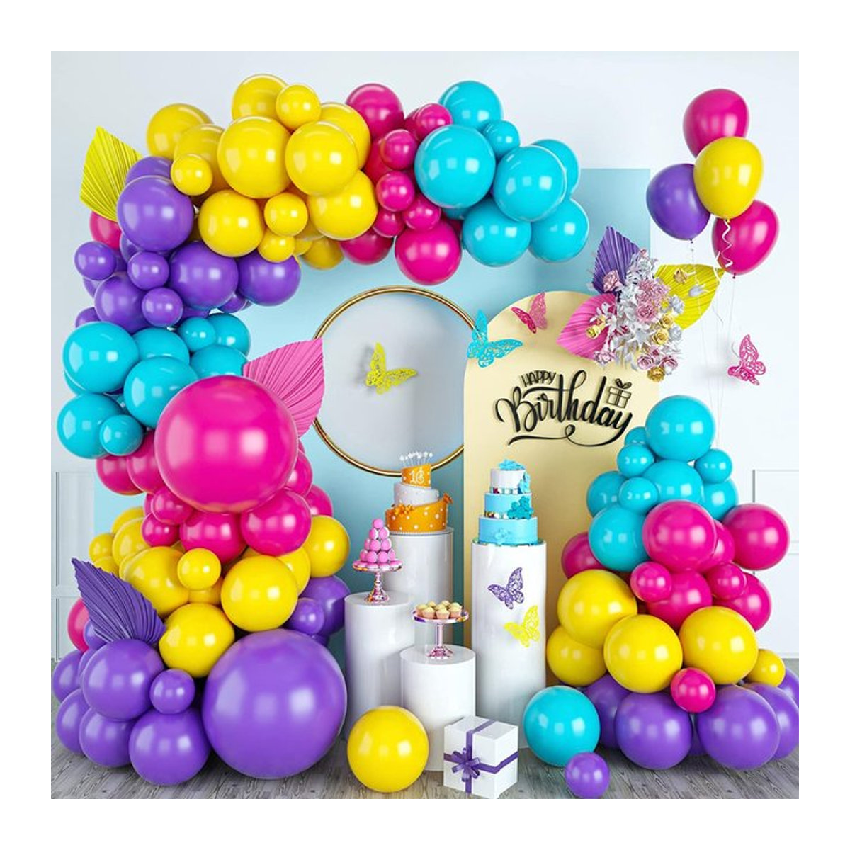 Surpsea Regenbogen Ballonbogen Girlande Set mit 113 Stück in Rosa, Lila, Blau und Gelb für Kindergeburtstage und Babypartys - Bild 1