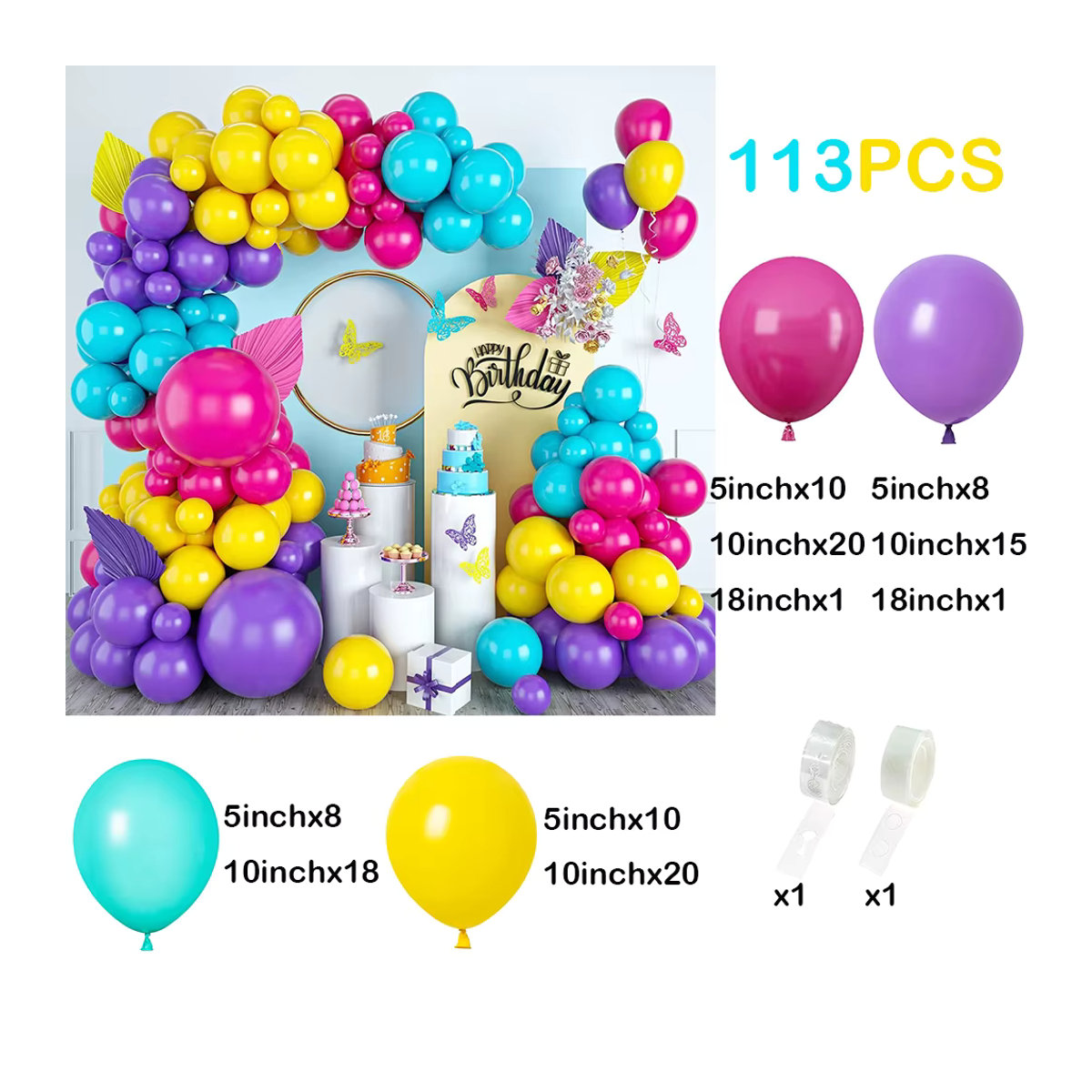 Surpsea Regenbogen Ballonbogen Girlande Set mit 113 Stück in Rosa, Lila, Blau und Gelb für Kindergeburtstage und Babypartys - Bild 2