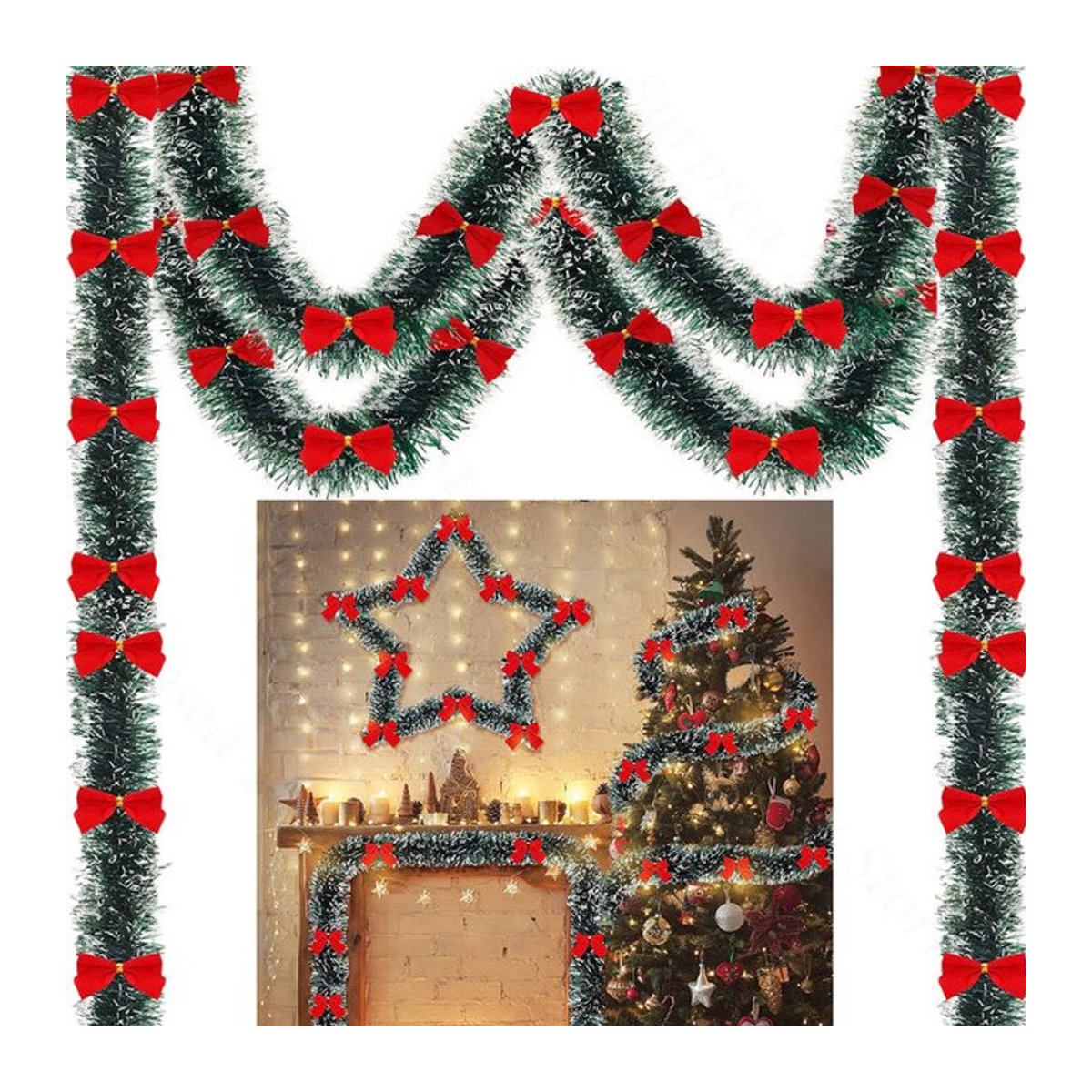 Surpsea Weihnachts-Hängegirlande mit Schleifen und Sternen, Grün, Kunststoff, Länge: 198,12 cm - Bild 1