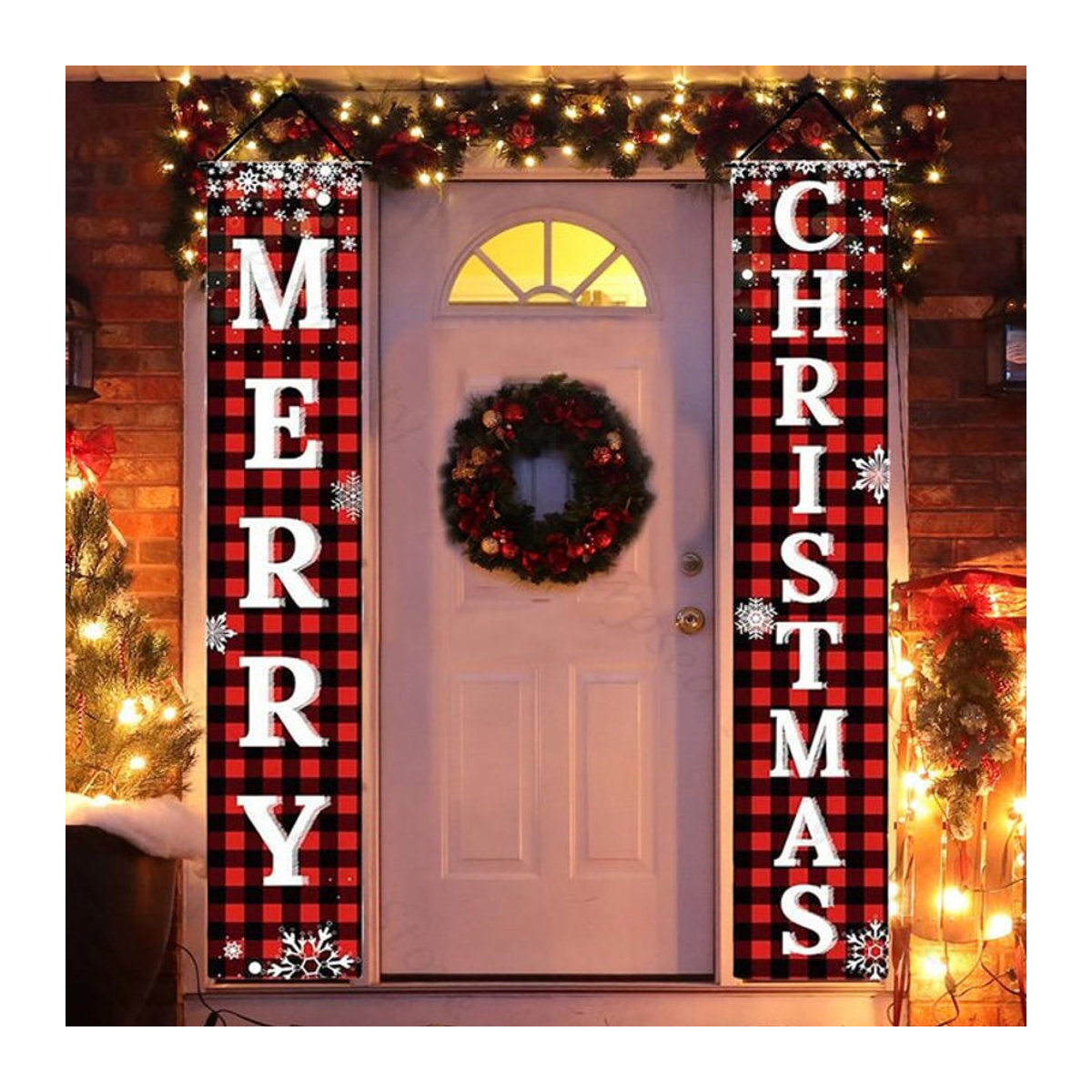 Surpsea Weihnachtsbanner Frohe Weihnachten in Rot und Schwarz Kariert als hängende Textil-Dekoration für Tür und Veranda - Bild 1