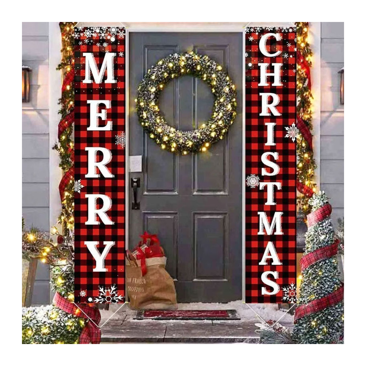 Surpsea Weihnachtsbanner Frohe Weihnachten in Rot und Schwarz Kariert als hängende Textil-Dekoration für Tür und Veranda - Bild 2