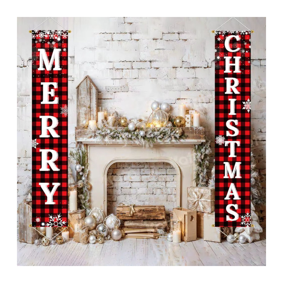 Surpsea Weihnachtsbanner Frohe Weihnachten in Rot und Schwarz Kariert als hängende Textil-Dekoration für Tür und Veranda - Bild 3
