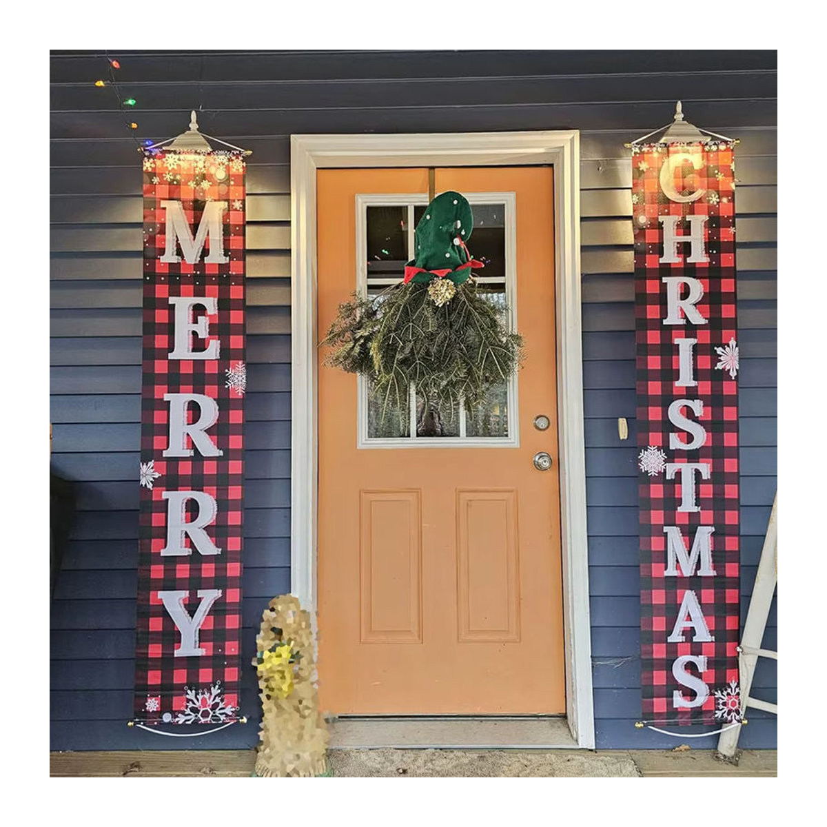 Surpsea Weihnachtsbanner Frohe Weihnachten in Rot und Schwarz Kariert als hängende Textil-Dekoration für Tür und Veranda - Bild 5