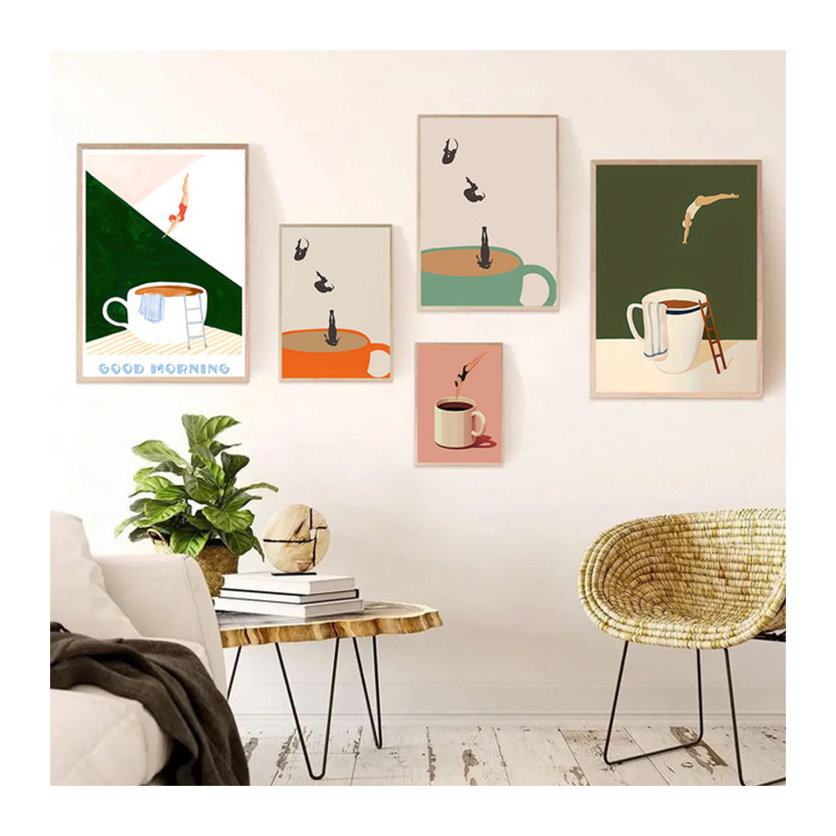 Surreal Coffee Cup Diving Leinwanddruck von Potdemiel – Abstraktes Wandposter im skandinavischen Stil, mehrfarbig, ungerahmt - Bild 1