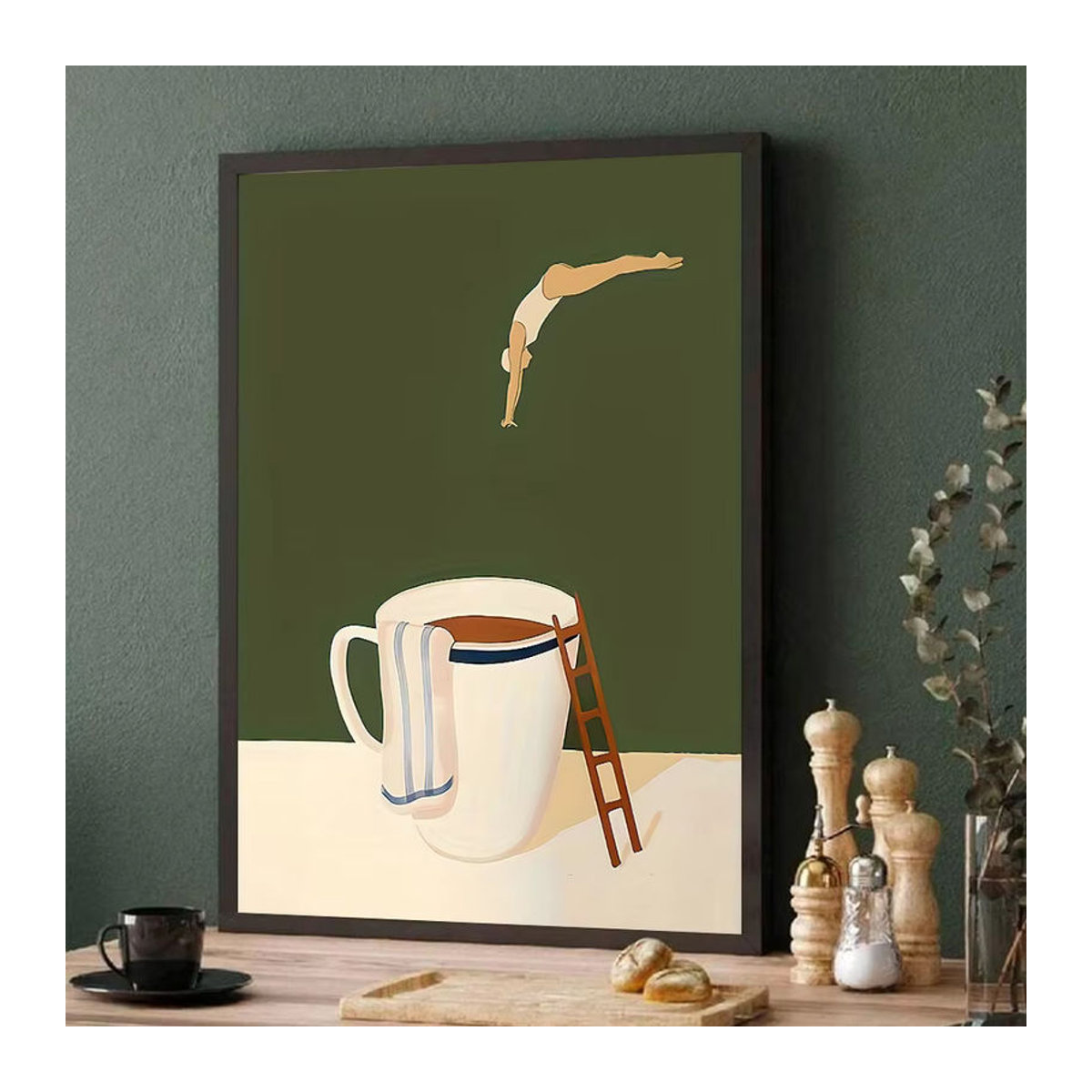 Surreal Coffee Cup Diving Leinwanddruck von Potdemiel – Abstraktes Wandposter im skandinavischen Stil, mehrfarbig, ungerahmt - Bild 2