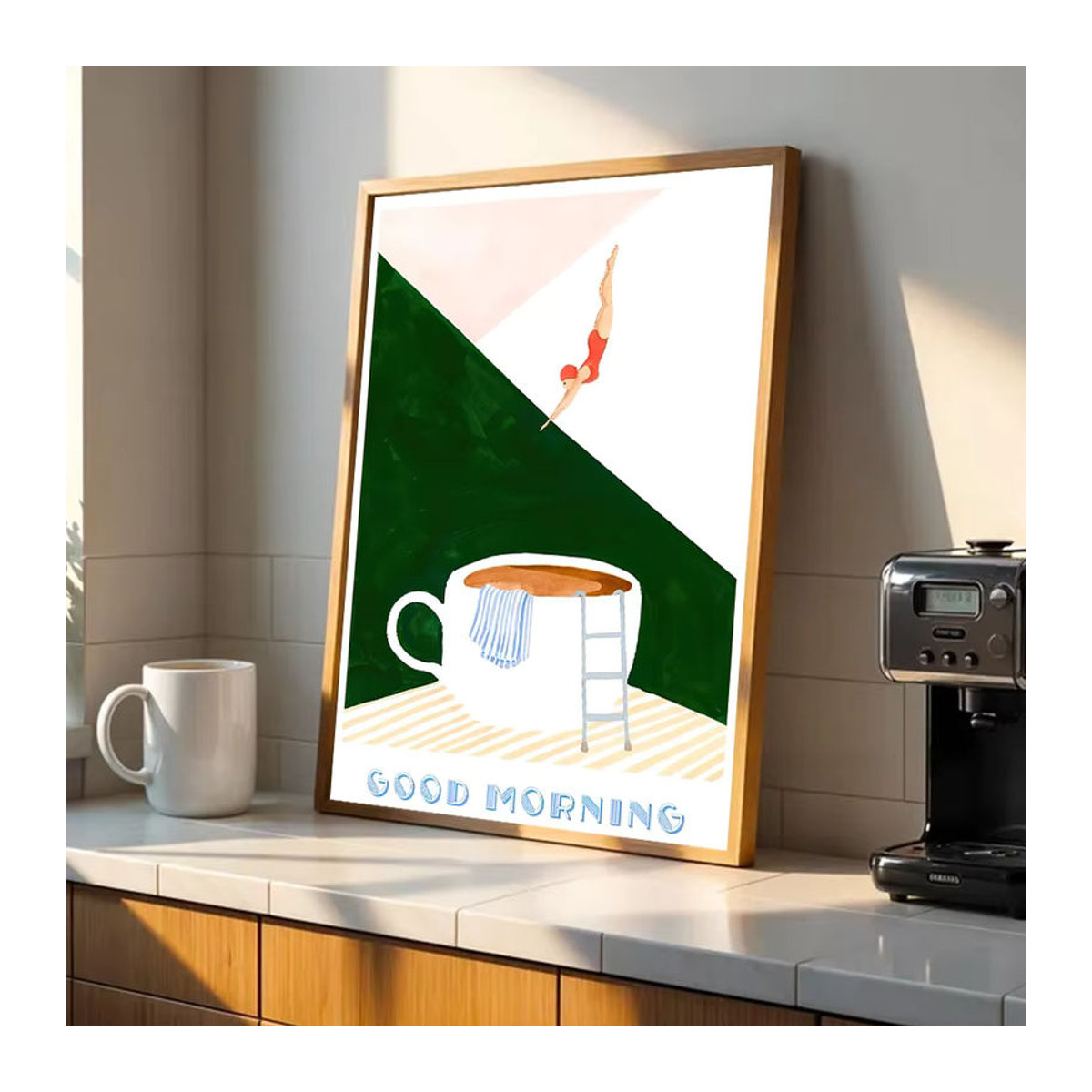Surreal Coffee Cup Diving Leinwanddruck von Potdemiel – Abstraktes Wandposter im skandinavischen Stil, mehrfarbig, ungerahmt - Bild 5