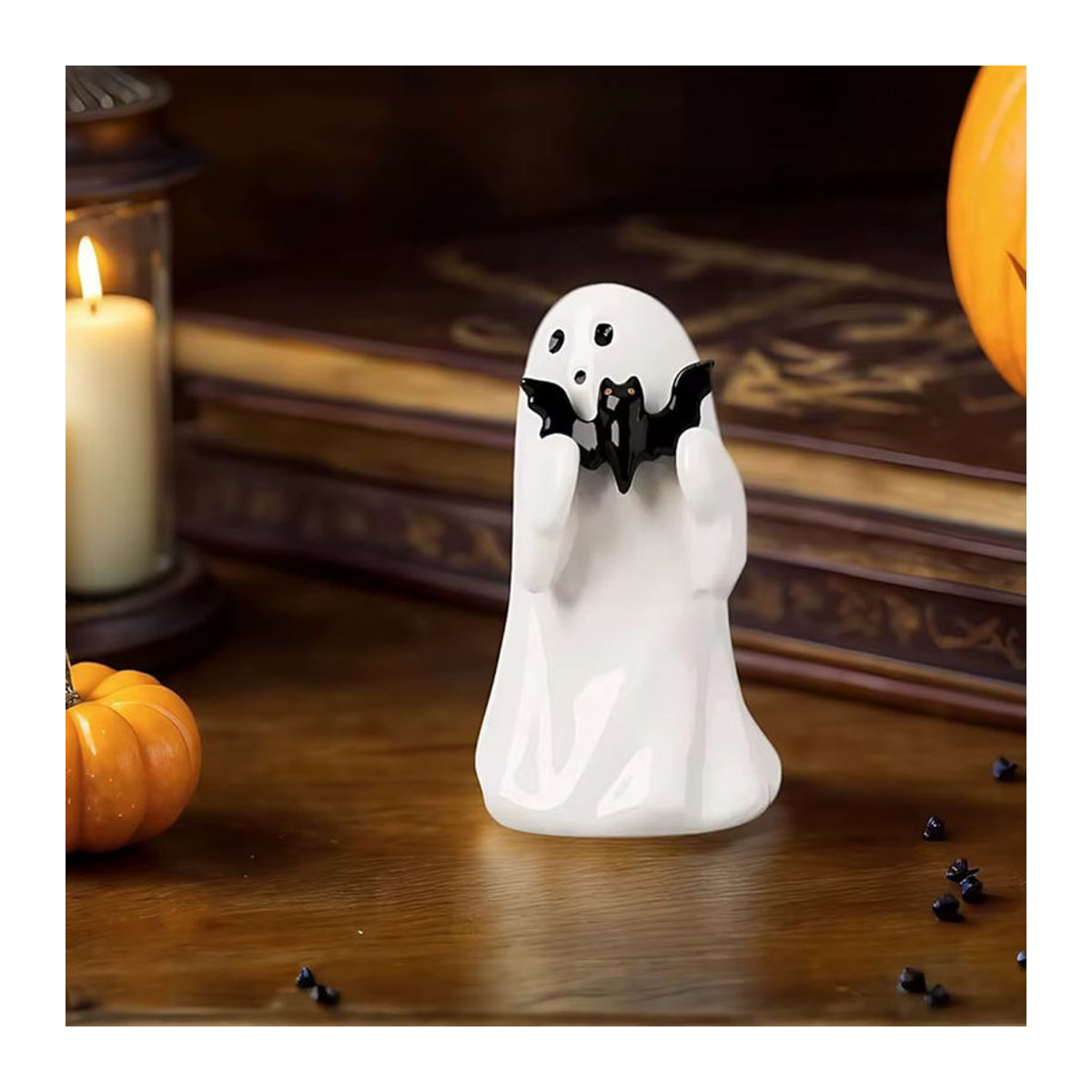 Süße Geist- und Fledermaus-Figuren aus Kunstharz für Halloween, Dekoration in Weiß und Schwarz, Höhe: 8,5 cm - Bild 1