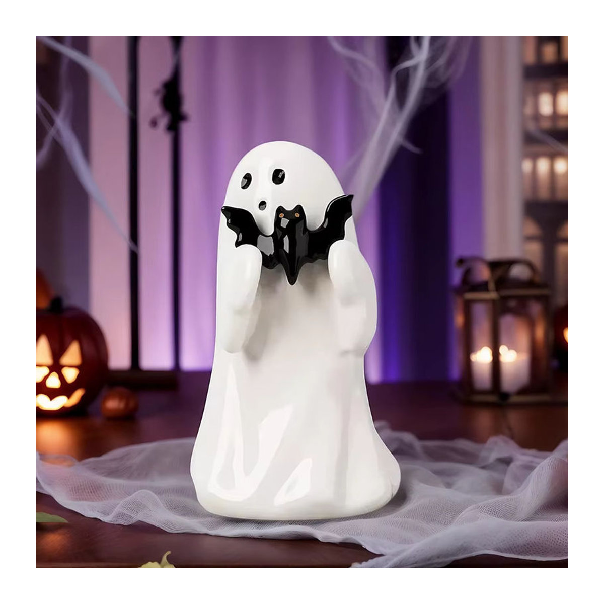 Süße Geist- und Fledermaus-Figuren aus Kunstharz für Halloween, Dekoration in Weiß und Schwarz, Höhe: 8,5 cm - Bild 2