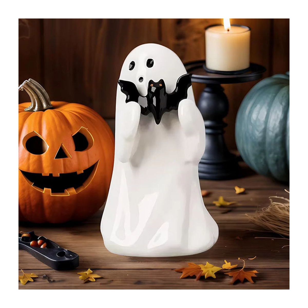 Süße Geist- und Fledermaus-Figuren aus Kunstharz für Halloween, Dekoration in Weiß und Schwarz, Höhe: 8,5 cm - Bild 3
