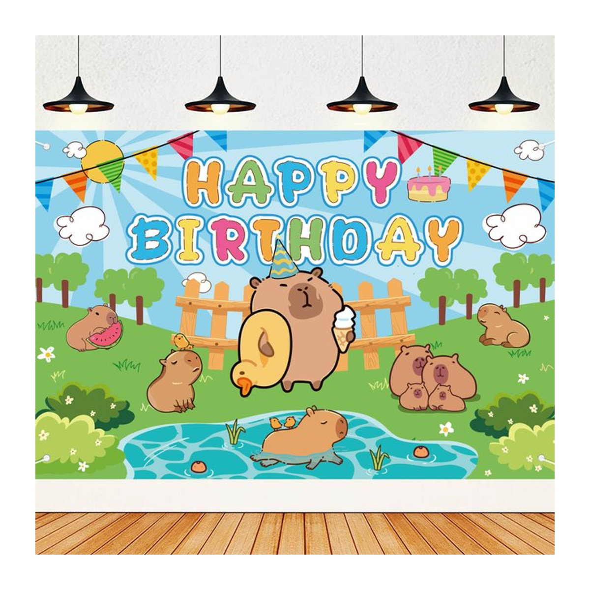 Süßer Capybara Geburtstagshintergrund im Querformat, Cartoon-Tier-Poster für Kinder in Blau und Mehrfarbig - Bild 1